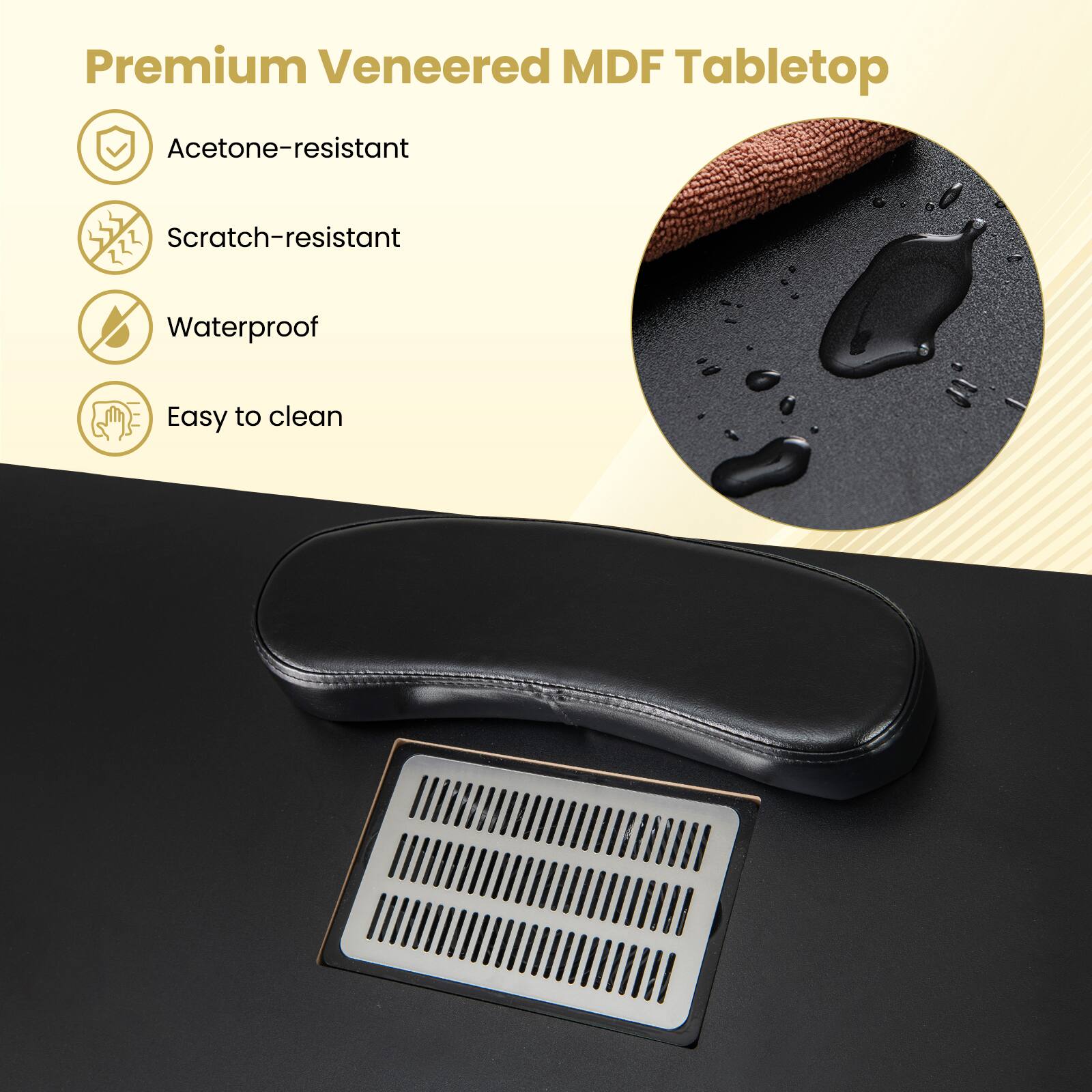 Premium Veneered MDF Tabletop

Acetone-resistant
Scratch-resistant
Waterproof
Easy to clean