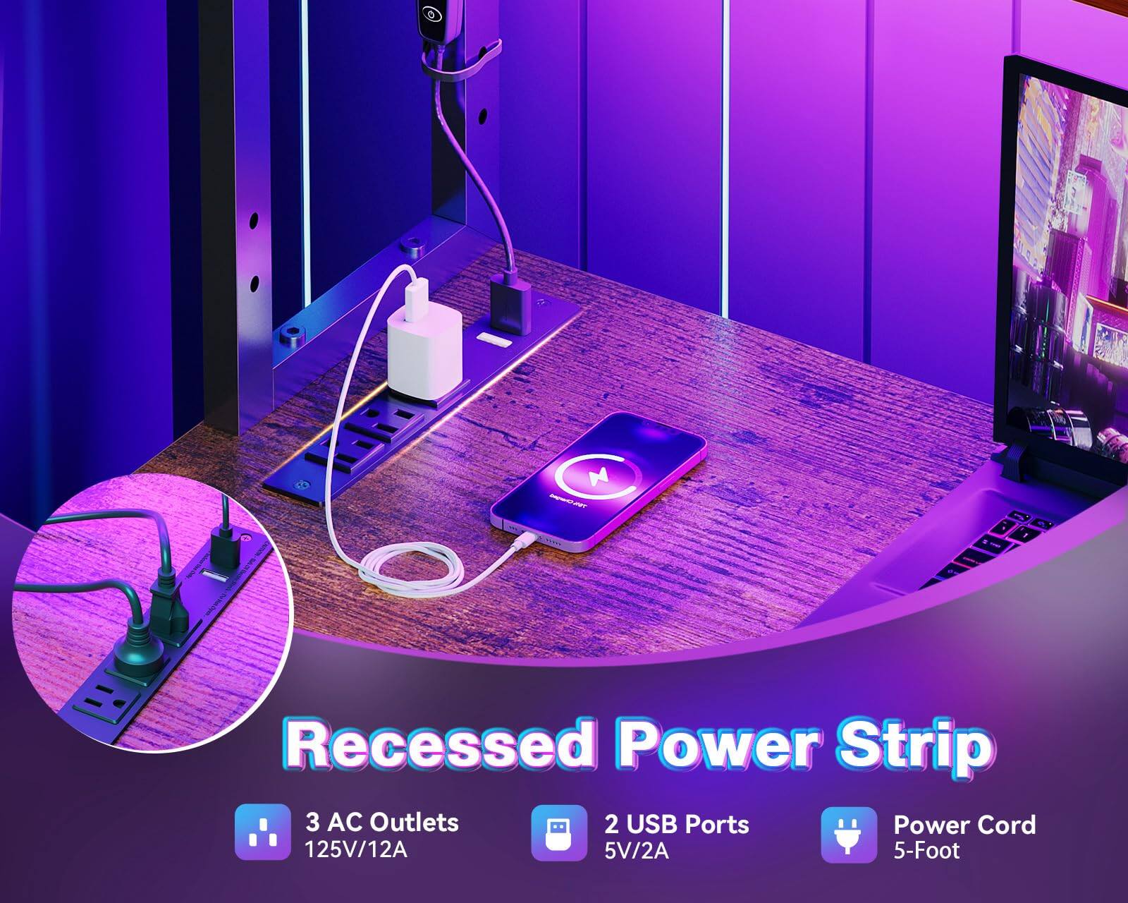 Recessed Power Strip  
3 AC Outlets 125V/12A  
2 USB Ports 5V/2A  
Power Cord 5-Foot