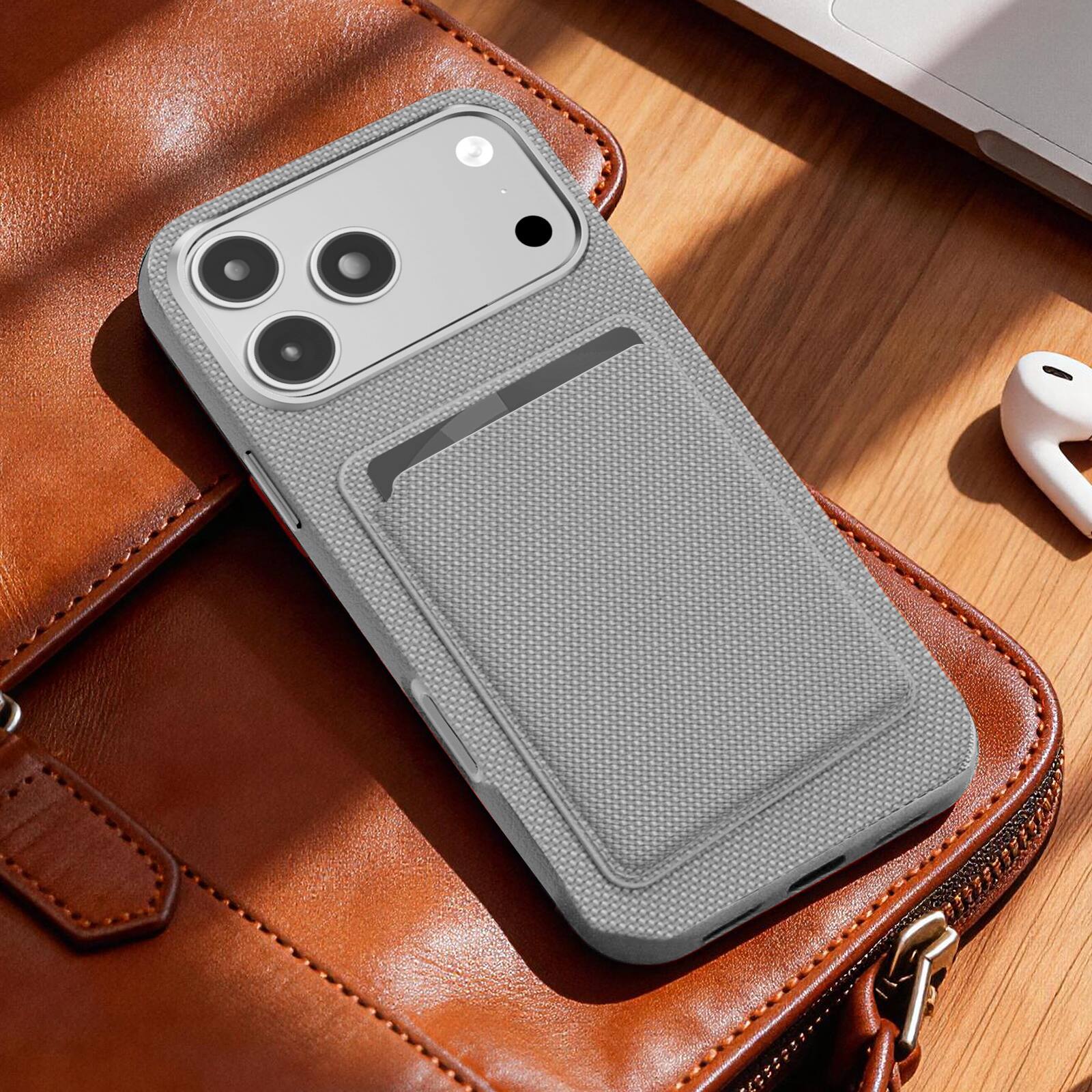 Alt View 4. Dteck - 2-in-1 Wallet Case for Apple iPhone 17 Pro, Slim Shockproof Fabric Hybrid Cover with Magnetic Card Holder - Gray.
