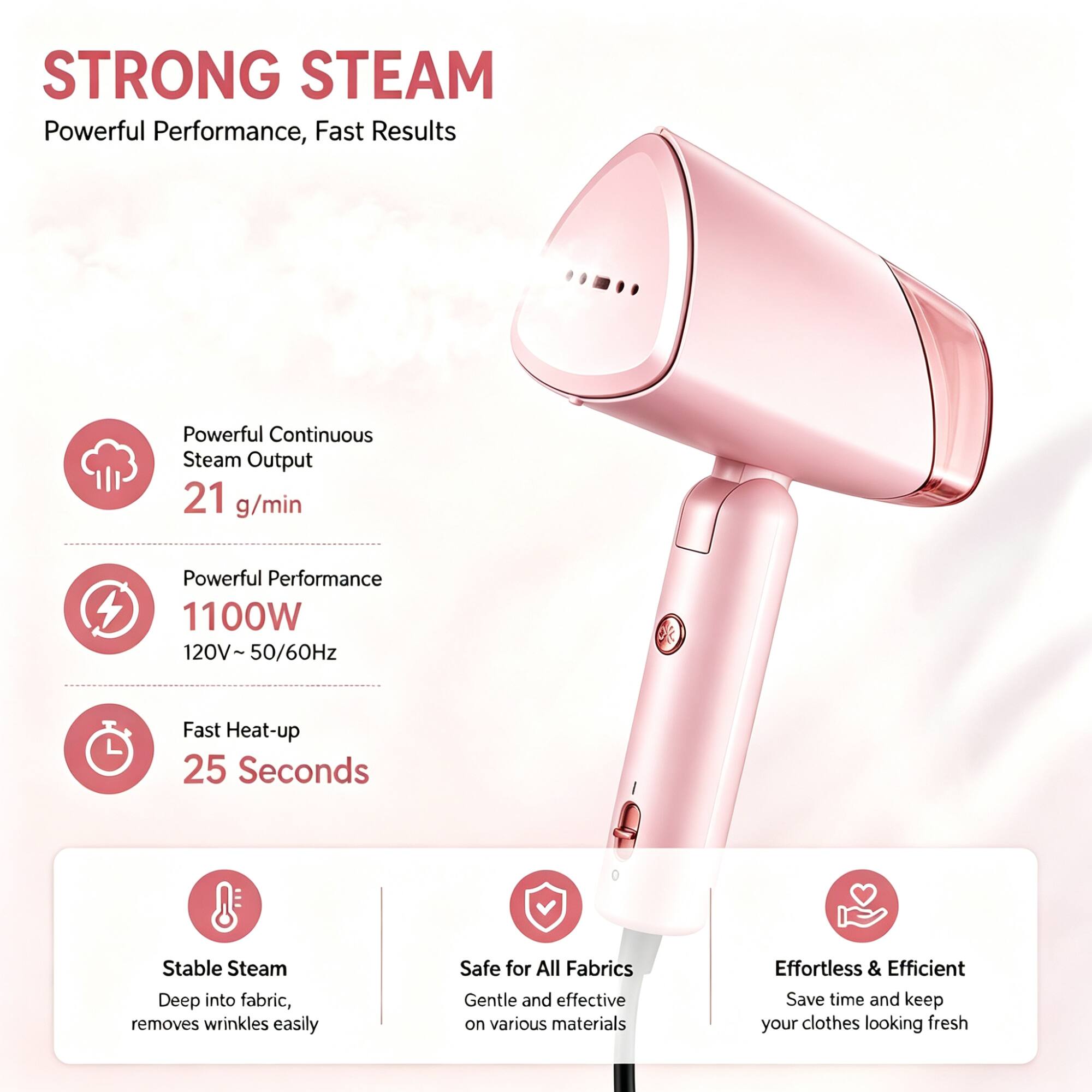 STRONG STEAM  
Powerful Performance, Fast Results

- Powerful Continuous Steam Output  
  21 g/min

- Powerful Performance  
  1100W  
  120V~50/60Hz

- Fast Heat-up  
  25 Seconds

- Stable Steam  
  Deep into fabric, removes wrinkles easily

- Safe for All Fabrics  
  Gentle and effective on various materials

- Effortless & Efficient  
  Save time and keep your clothes looking fresh