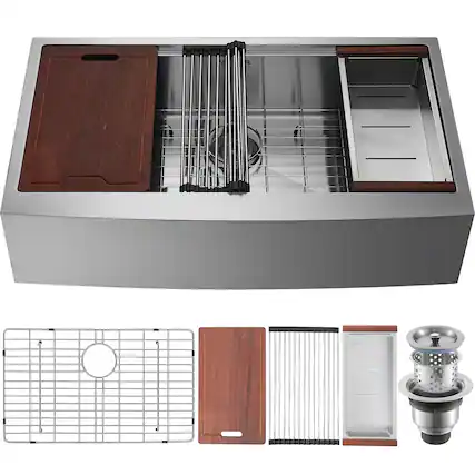 Front. VEVOR - Farmhouse Kitchen Sink, 304 Stainless Steel Drop-In Sinks, Top Mount Single Bowl Basin with Ledge & Accessories - Silver.