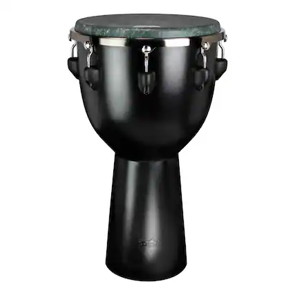 Front. Remo - 12-inch Djembe Drum - Black - ABS Plastic Shell - Skyndeep Head.