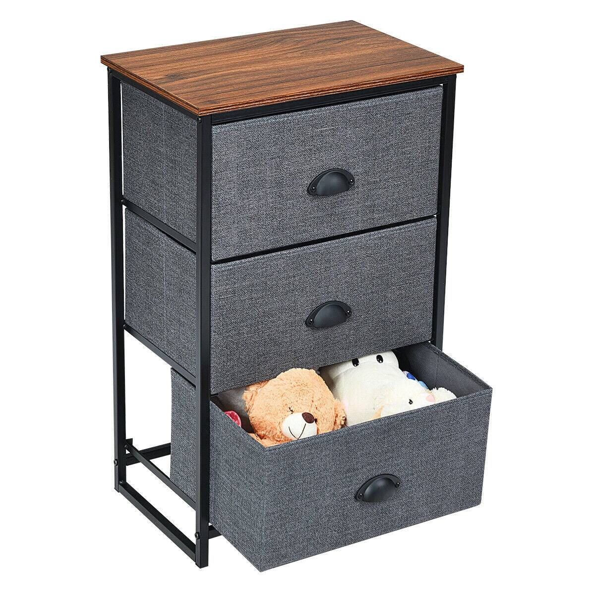Alt View 3. Boyel Living - Narrow Black Nightstand with 3 Fabric Drawers and Brown Wood Top - Black.