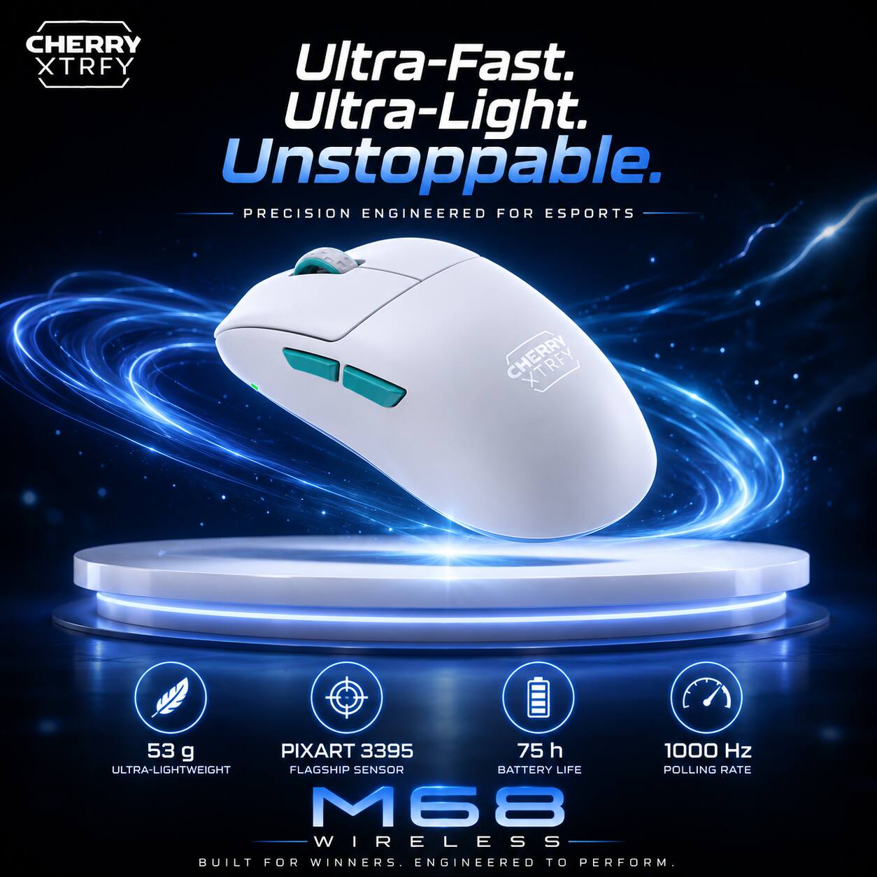 CHERRY XTRFY Ultra-Fast. Ultra-Light. Unstoppable. PRECISION ENGINEERED FOR ESPORTS

CHERRY XTRFY 53 g PIXART 3395 75 h 1000 Hz ULTRA-LIGHTWEIGHT FLAGSHIP SENSOR BATTERY LIFE POLLING RATE M68 WIRELESS BUILT FOR WINNERS. ENGINEERED TO PERFORM
