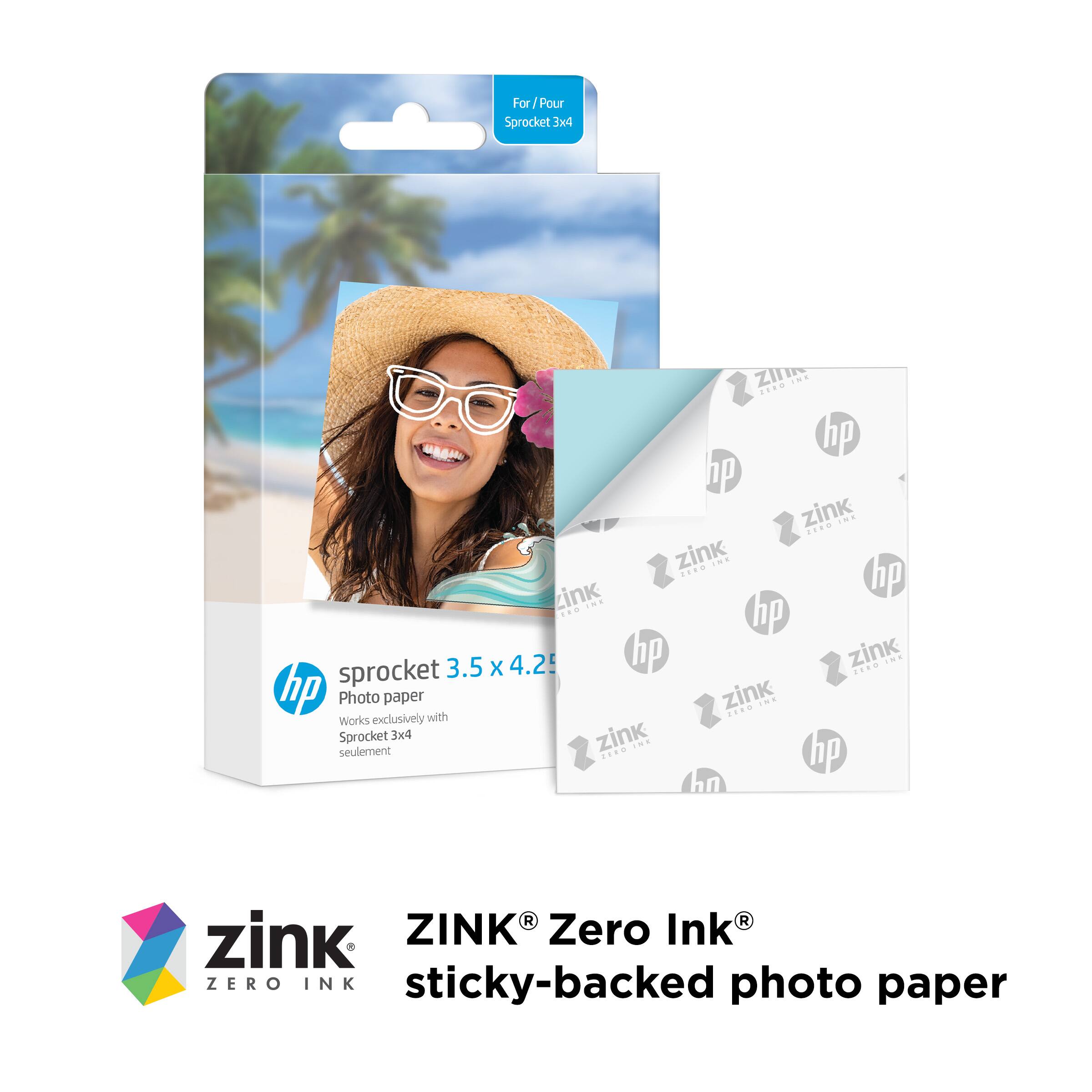 For four Sprocket 3x4 zink photo paper, use Zink Zero Ink sticky-backed photo paper. This paper works exclusively with the Sprocket 3x4 zink printer and is designed to provide high-quality, vibrant prints.