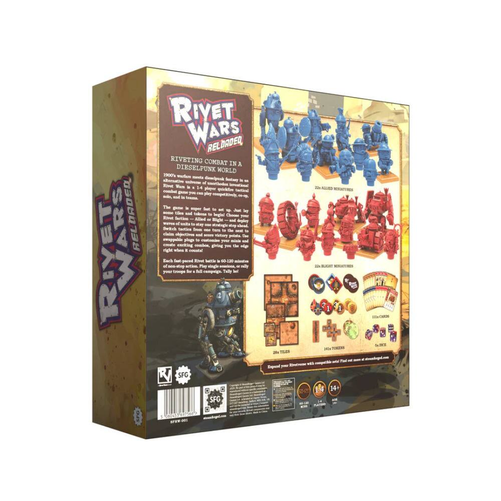 **Rivet Wars Relaunched**

**Riveting Combat in a Dieselpunk World**

1900% - Artan Menta Alternativ Dieselpunk Sozial - of unorthodox Rivet Wan in - 14 plapue combat quickform Sautial - 1 - pley solo, - la - competitively. - The - ls - pr - t to - - J - Lides by and Eokona to begle Coec - Ravut lectioe Allied - Blight I deglar wuTC of sals - - - stmalingie Kry admd Beitck Taolee - - twr to the - to claim ajotives - votory i Dee swappahle plnps to conier Tw - - emeate cncing c giving you the dp right when . comatial Each Teat paoed Rivet Nte . 40 120 moatos non-alnp anton Play aingle - - valy your Troops -r . Nl campaign Tally It SFG 2 SFG 4012002 1 t AS MINIATURES - BLAHT SESIATIRES 2 