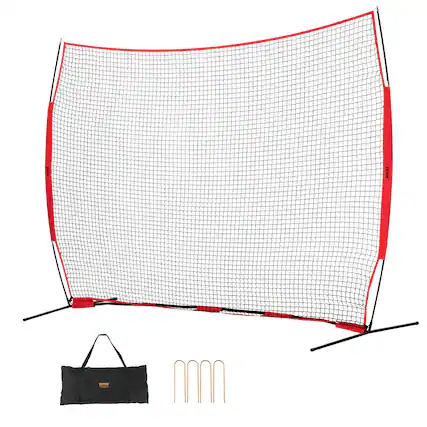 Front. VEVOR - Barricade Backstop Net, 12x9 ft Ball Sports Barrier Netting, Portable Practice Equipment with Carry Bag - Red.