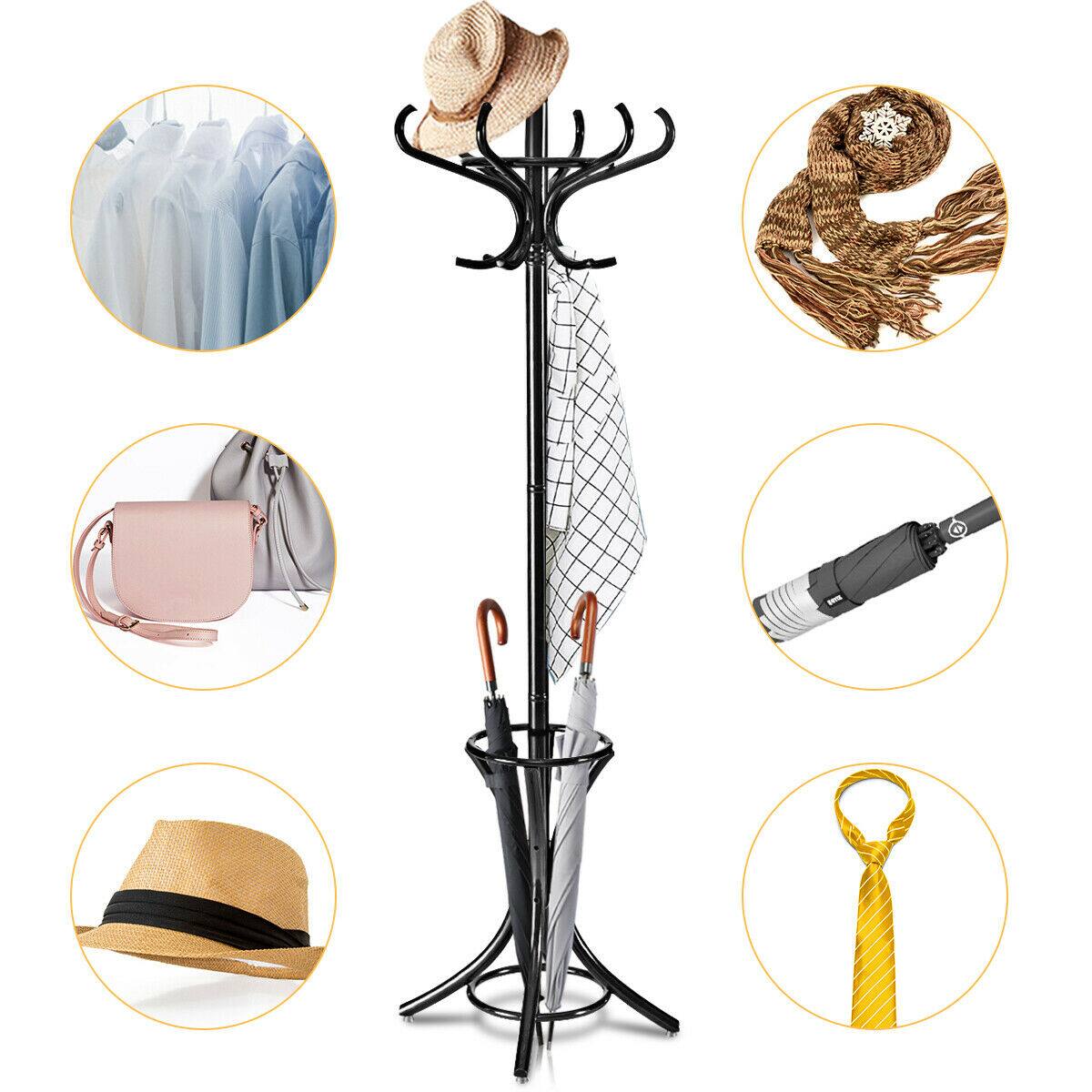 Alt View 7. Gymax - Gymax Wood Standing Hat Coat Rack Jacket Bag Hanger Tree 12 Hooks Black w/ Umbrella Stand - Black.