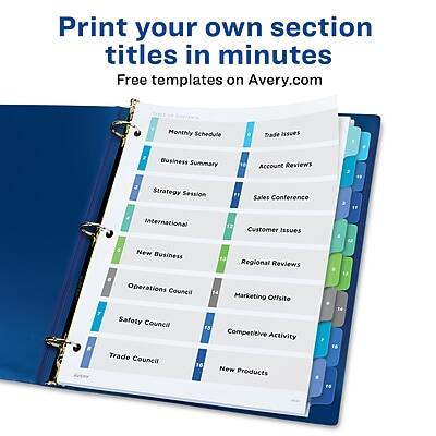 Print your own section titles in minutes  
Free templates on Avery.com  

- Monthly Schedule  
- Tradie Issues  
- Business Summary  
- Account Reviews  
- Strategy Session  
- Sales Conference  
- International  
- Customer Issues  
- New Business  
- Regional Reviews  
- Operations Council  
- Marketing Offsite  
- Safety Council  
- Competitive Activity  
- Trade Council  
- New Products