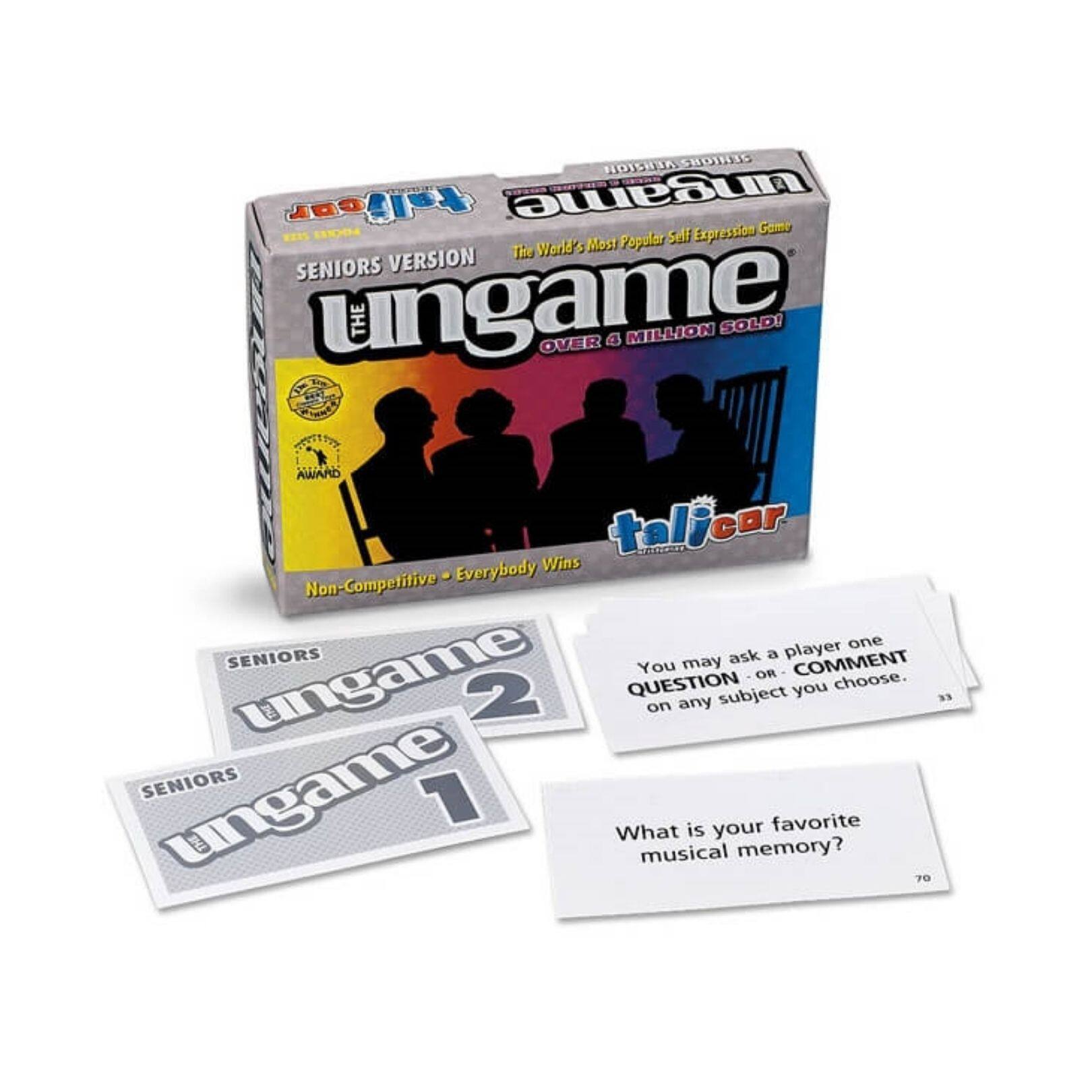 The Ungame  
Seniors Version  
The World's Most Popular Self Expression Game  
Over 6 Million Sold!  

Non-Competitive • Everybody Wins  

You may ask a player one QUESTION or COMMENT on any subject you choose.  

What is your favorite musical memory?  

Seniors  
Ungame 1  
Ungame 2