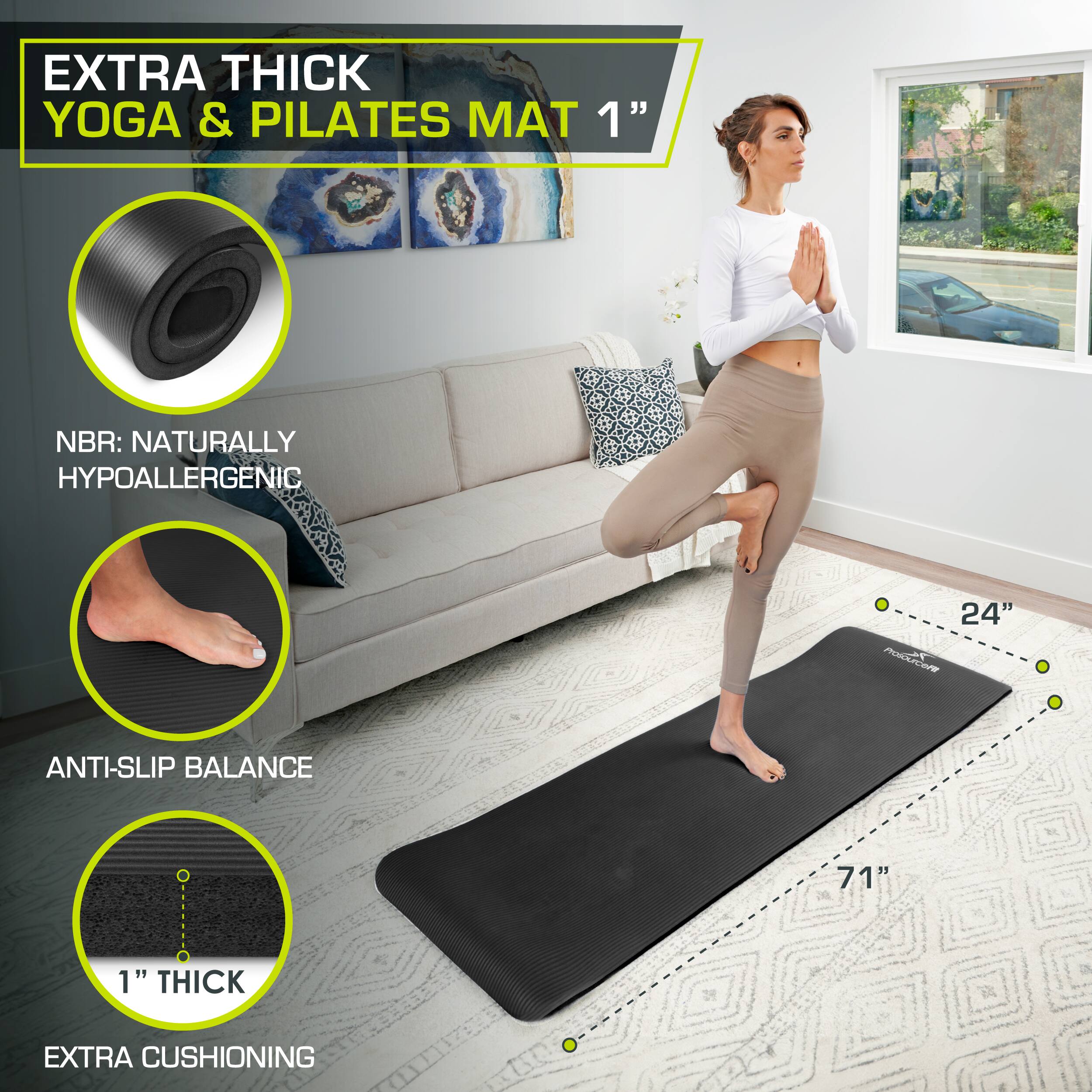 EXTRA THICK YOGA & PILATES MAT 1" NBR: NATURALLY HYPOALLERGENIC 24" POSSCOP  ANTI-SLIP BALANCE  1" THICK 71" EXTRA CUSHIONING