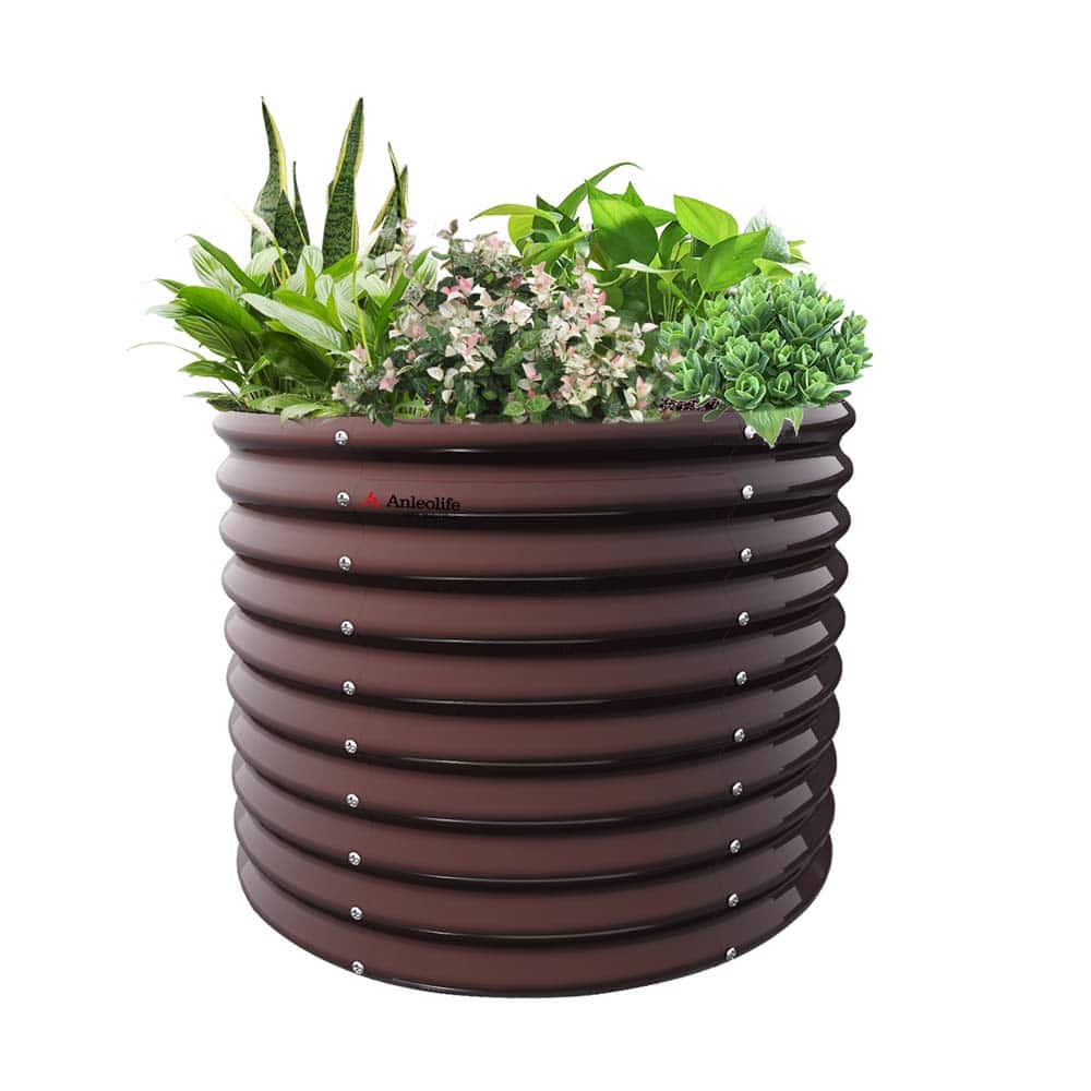 A Anleolife - Brown Metal Circle Raised Garden Bed Planter Box for Planting Vegetables Flowers Herb (36 in. L x 36 in. W x 30 in. H)