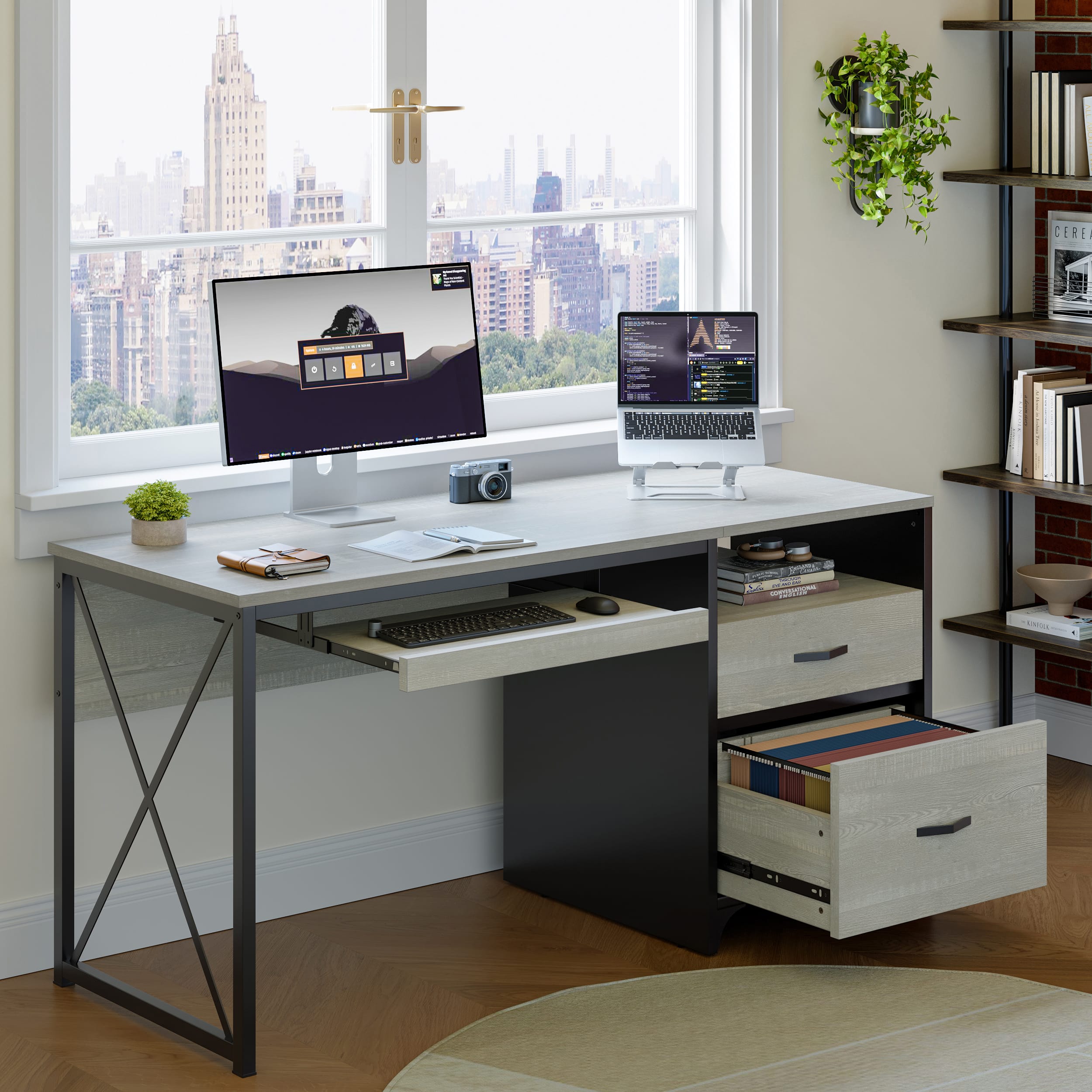 Bestier - 55 inch Executive Office Desk with Drawers, Keyboard Tray & File Cabinet for Home Office - Washed White