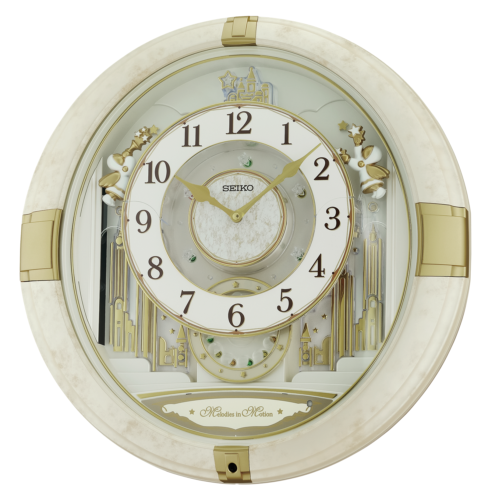 The text on the clock face is "SEIKO" and "Mesodies in Motion." The numbers on the clock are arranged in a circular pattern from 1 to 12.