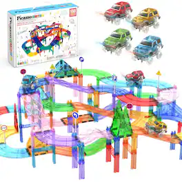 PicassoTiles - PICASSO-TILES Race Track Magnetic Tiles for Kids, 150PCS with 4 Racing Cars, STEM Building Blocks Educational Toy - Multicolor