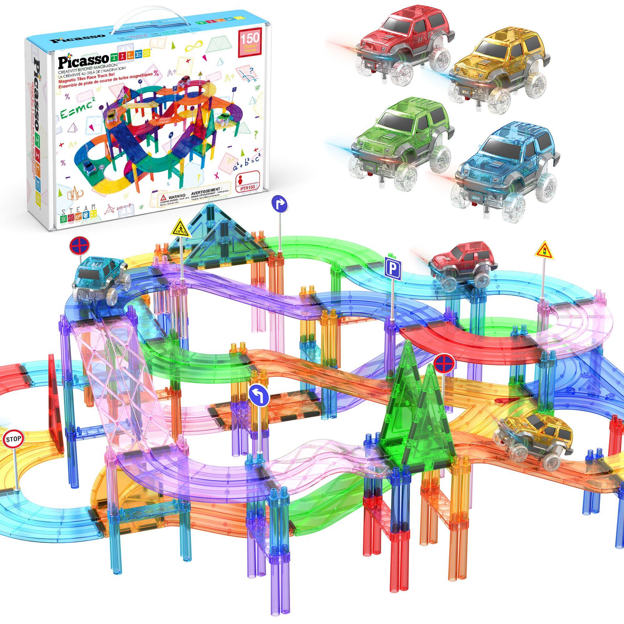 PicassoTiles - PICASSO-TILES Race Track Magnetic Tiles for Kids, 150PCS with 4 Racing Cars, STEM Building Blocks Educational Toy - Multicolor