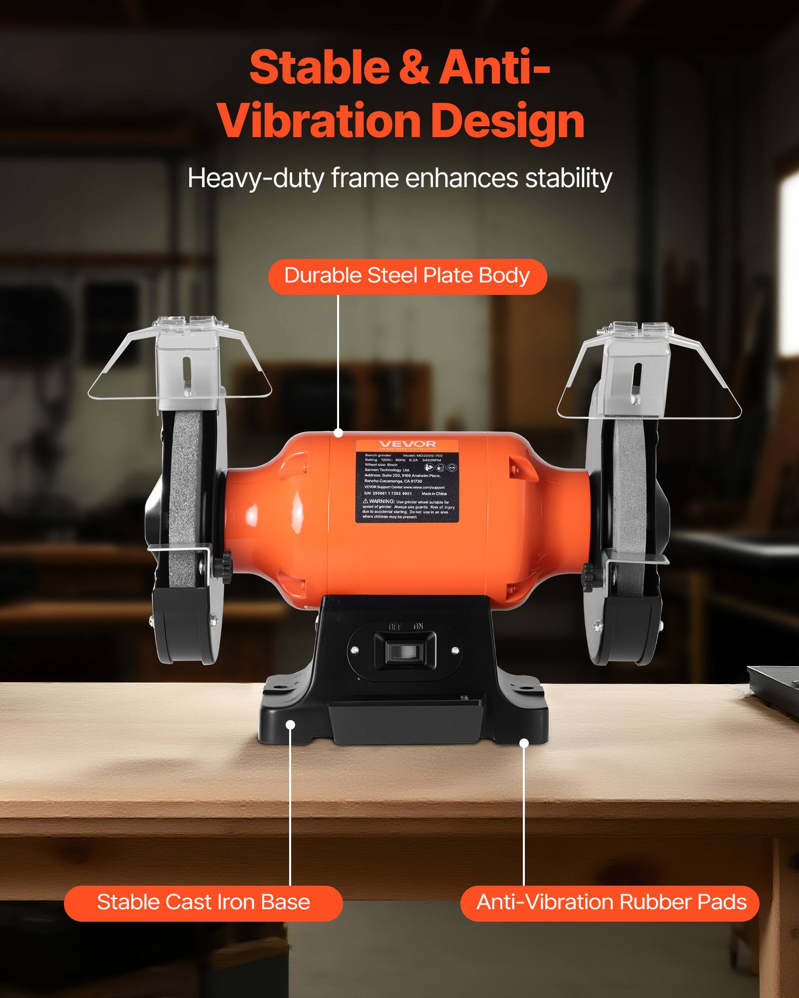 Stable & Anti-Vibration Design  
Heavy-duty frame enhances stability  
Durable Steel Plate Body  
Stable Cast Iron Base  
Anti-Vibration Rubber Pads