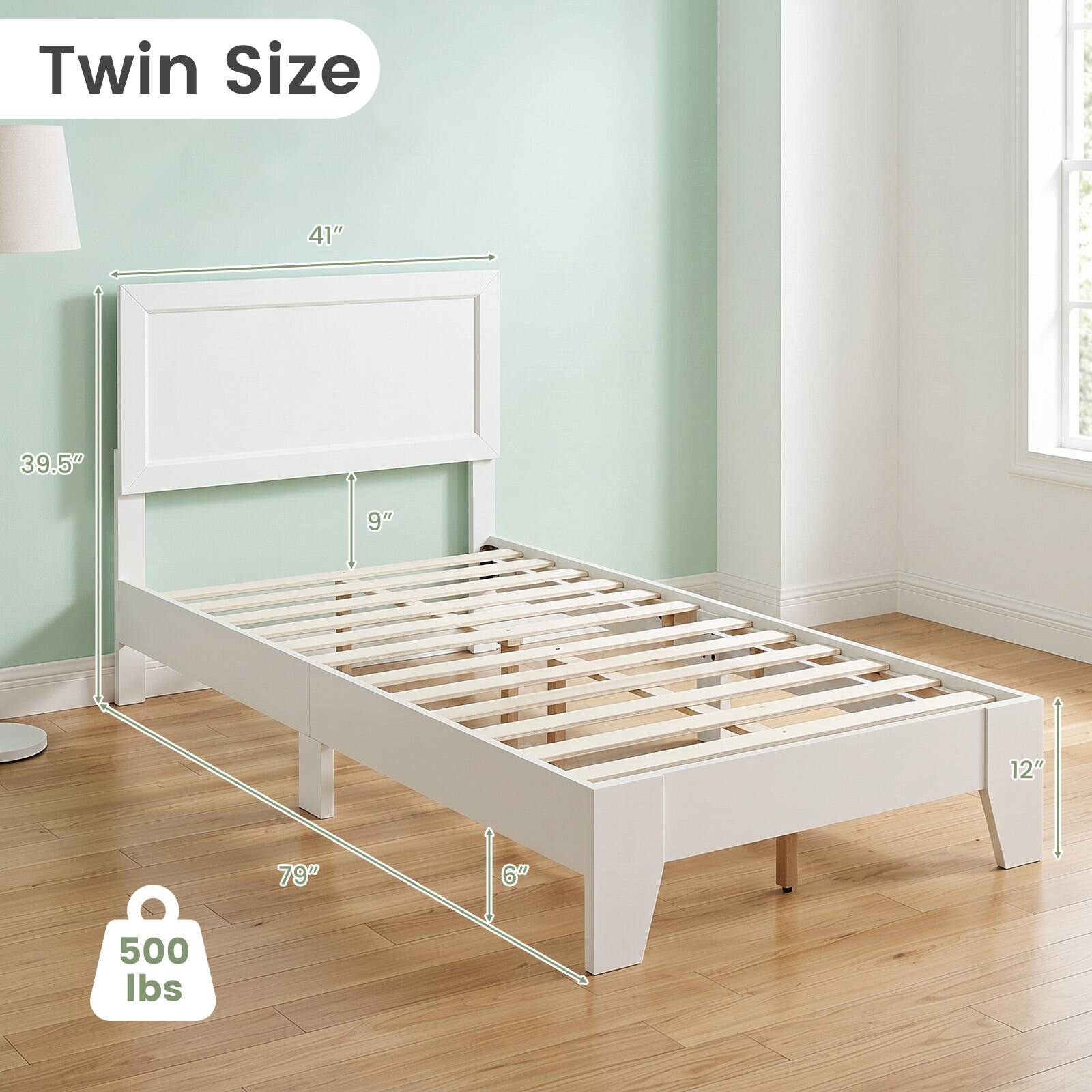 Twin Size  
41" x 39.5"  
9" x 12"  
79" x 6"  
500 lbs