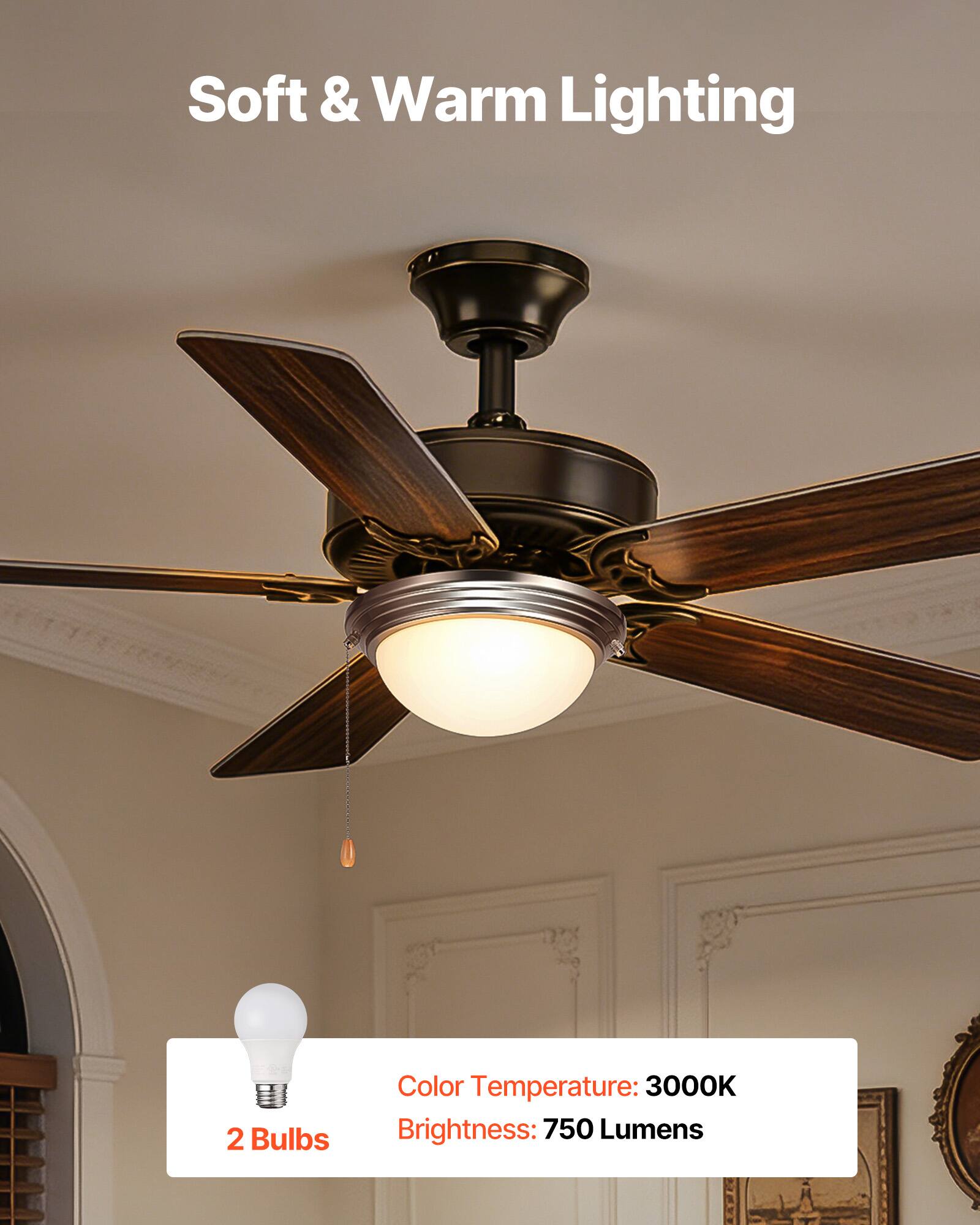 Soft & Warm Lighting  
2 Bulbs  
Color Temperature: 3000K  
Brightness: 750 Lumens