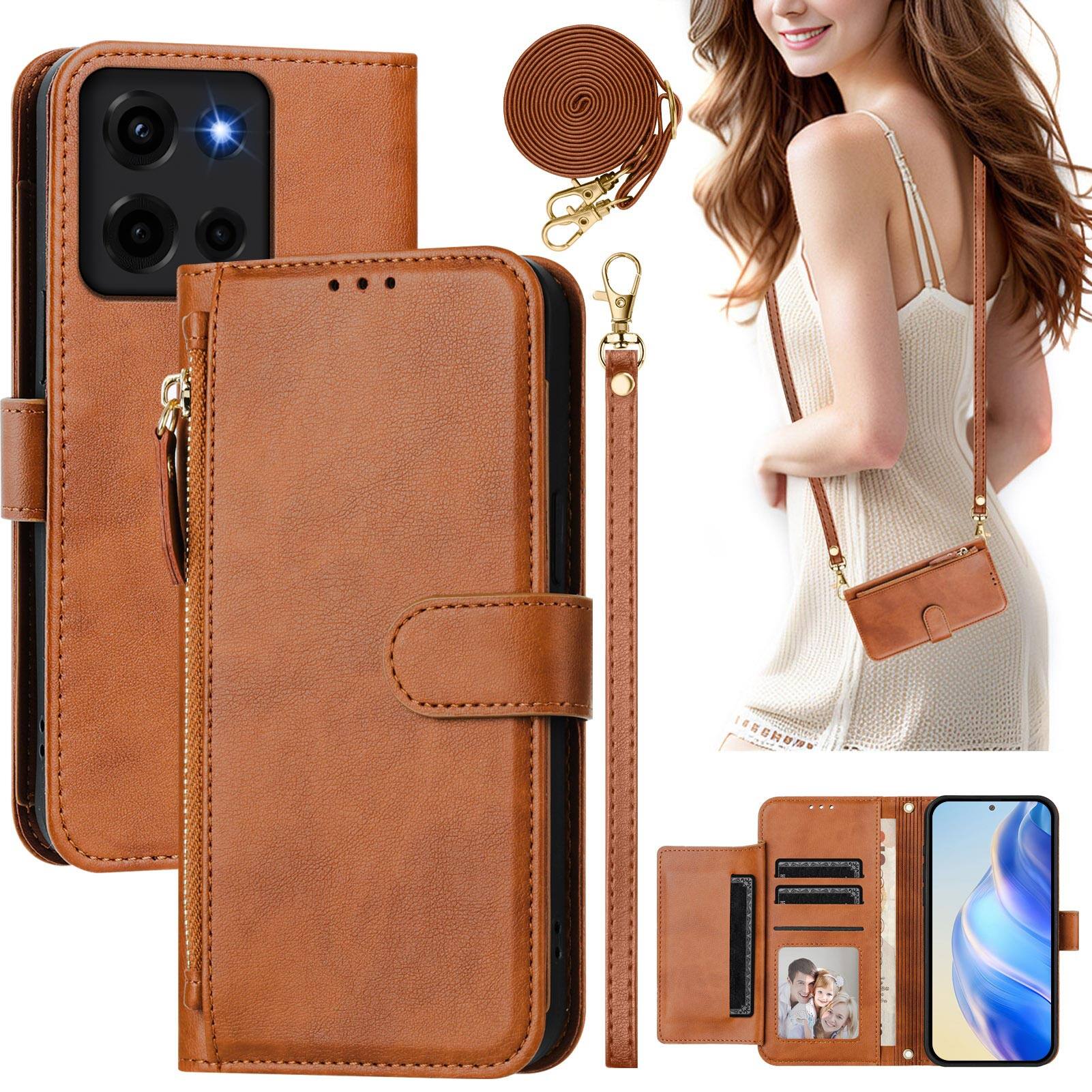 Front. Dteck - Flip Phone Case for Motorola G Stylus 5G (2026), PU Leather Zipper Pocket Card Holder Wallet Cover with Strap - Brown.