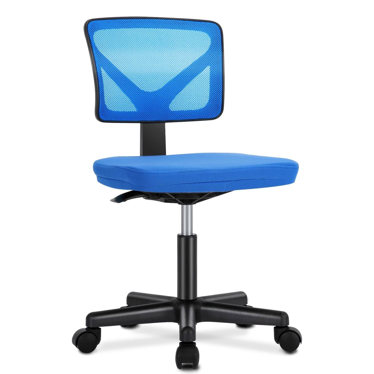 Angle. AOITUN - Armless Desk Mesh Office Chair, Adjustable Height Ergonomic Low Back Vanity Task Desk Chair with Wheels, Blue - Blue.