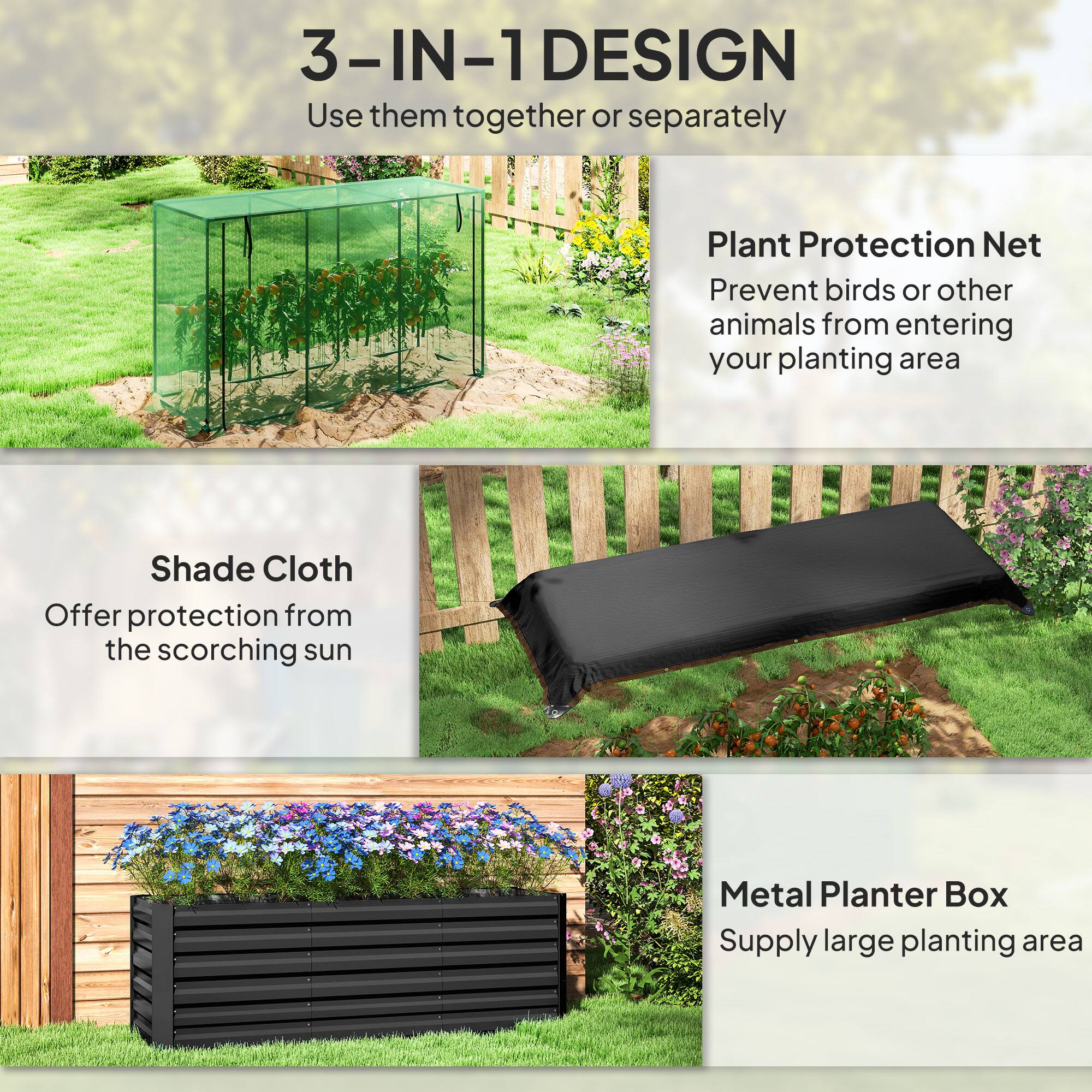 3-IN-1 DESIGN

Plant Protection Net
Shade Cloth
Metal Planter Box