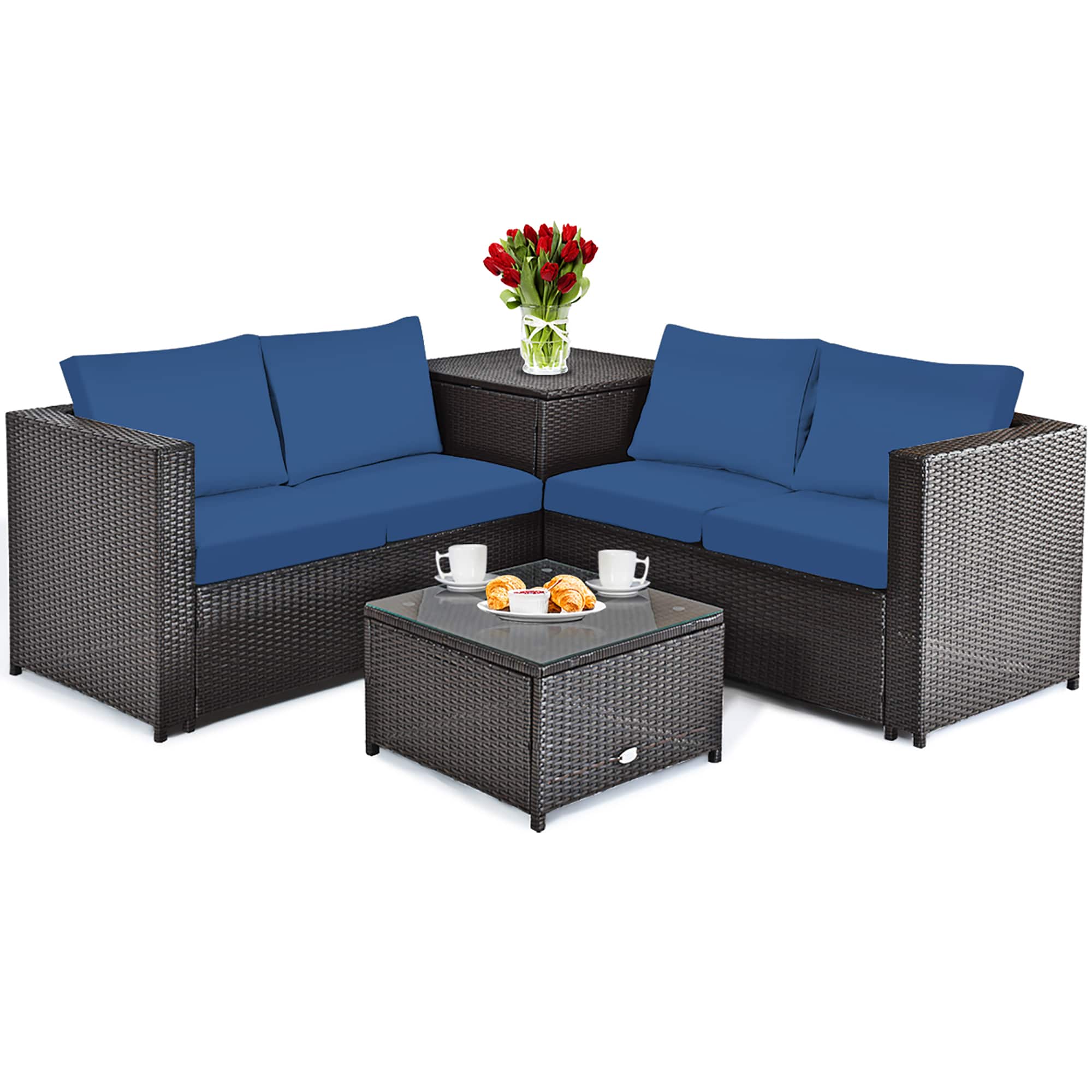 Costway - 4PCS Patio Rattan Furniture Set Cushioned Loveseat Storage Table - Blue price history on PriceWatchPro