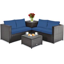 Costway - 4PCS Patio Rattan Furniture Set Cushioned Loveseat Storage Table - Blue