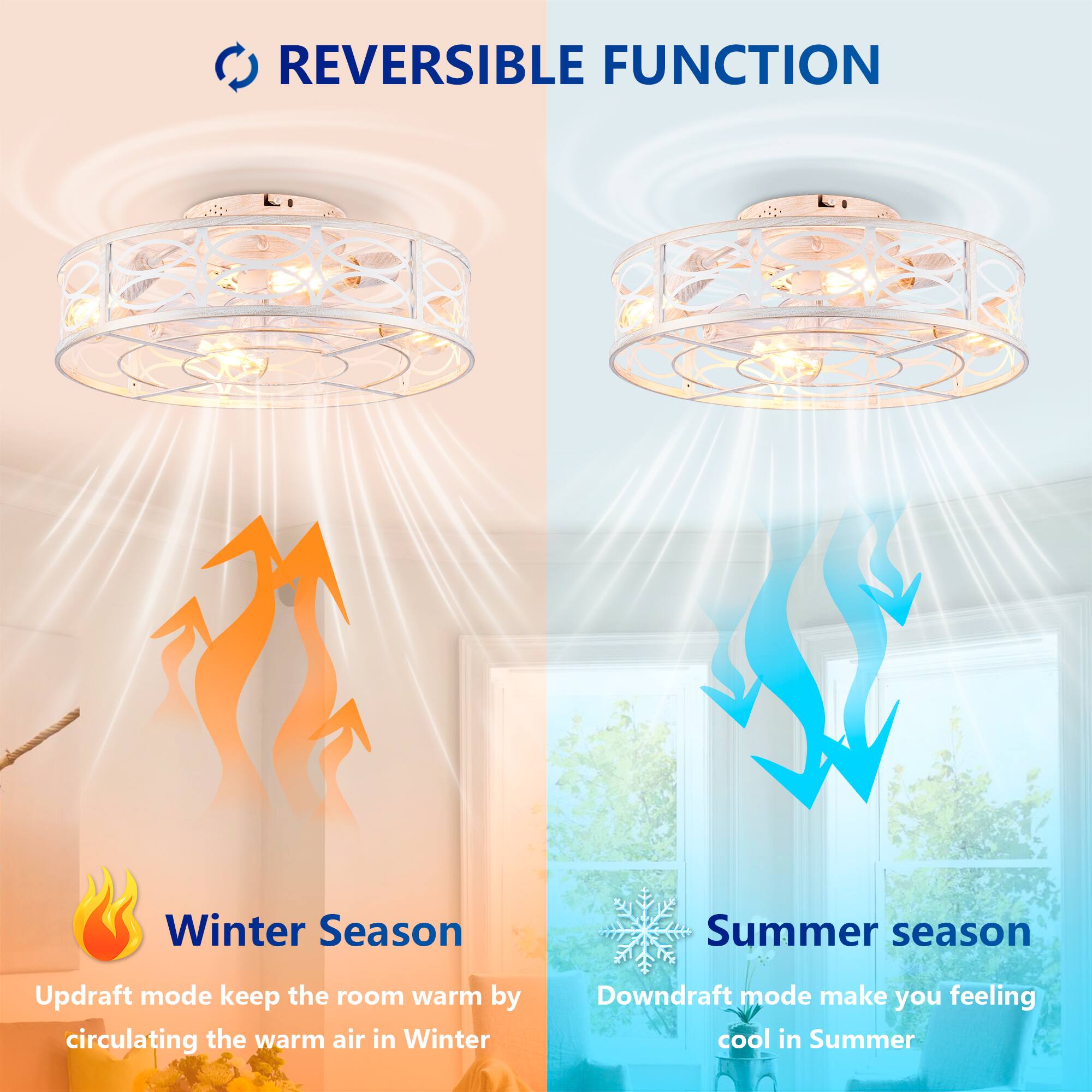 REVERSIBLE FUNCTION

Winter Season
Updraft mode keeps the room warm by circulating the warm air in Winter

Summer Season
Downdraft mode makes you feel cool in Summer