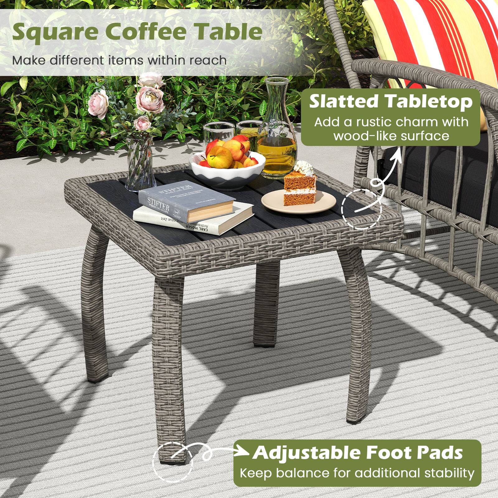 Square Coffee Table: Make different items within reach.
Slatted Tabletop: Add a rustic charm with wood-like surface.
Adjustable Foot Pads: Keep balance for additional stability.