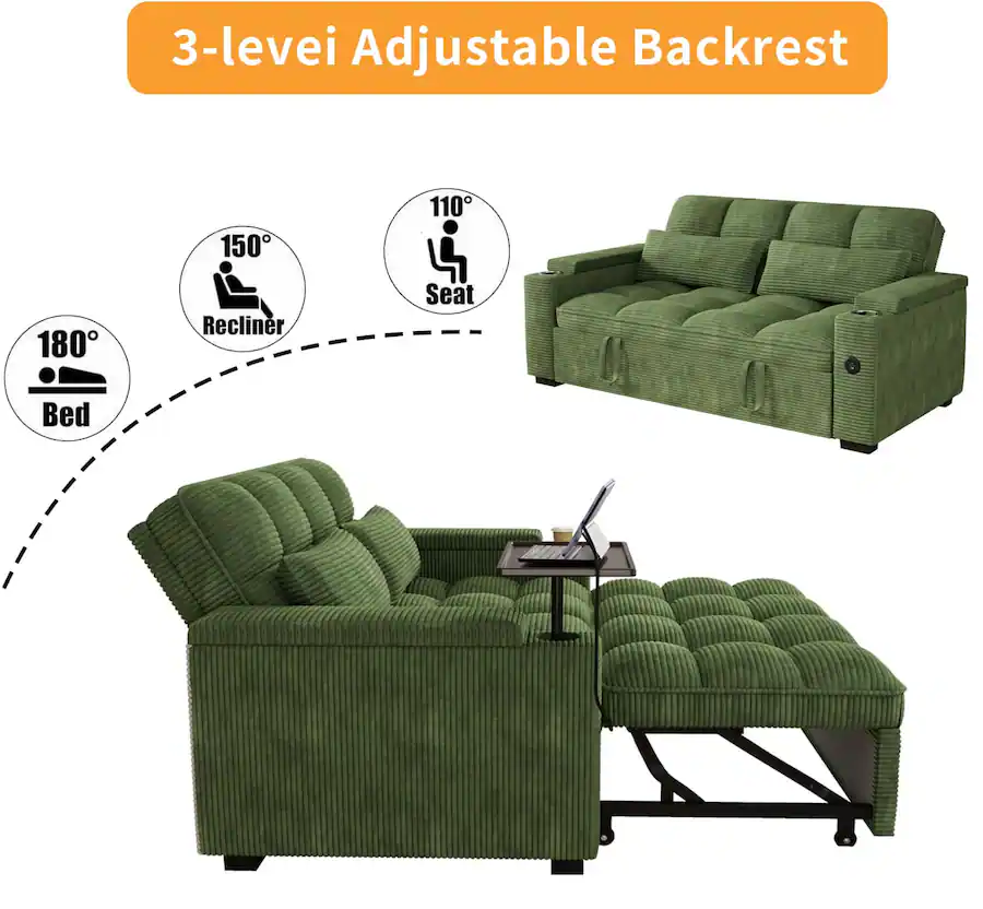 Anysun 65" 3 in 1 Corduroy Convertible Sofa Bed Pullout Design with 360 ...