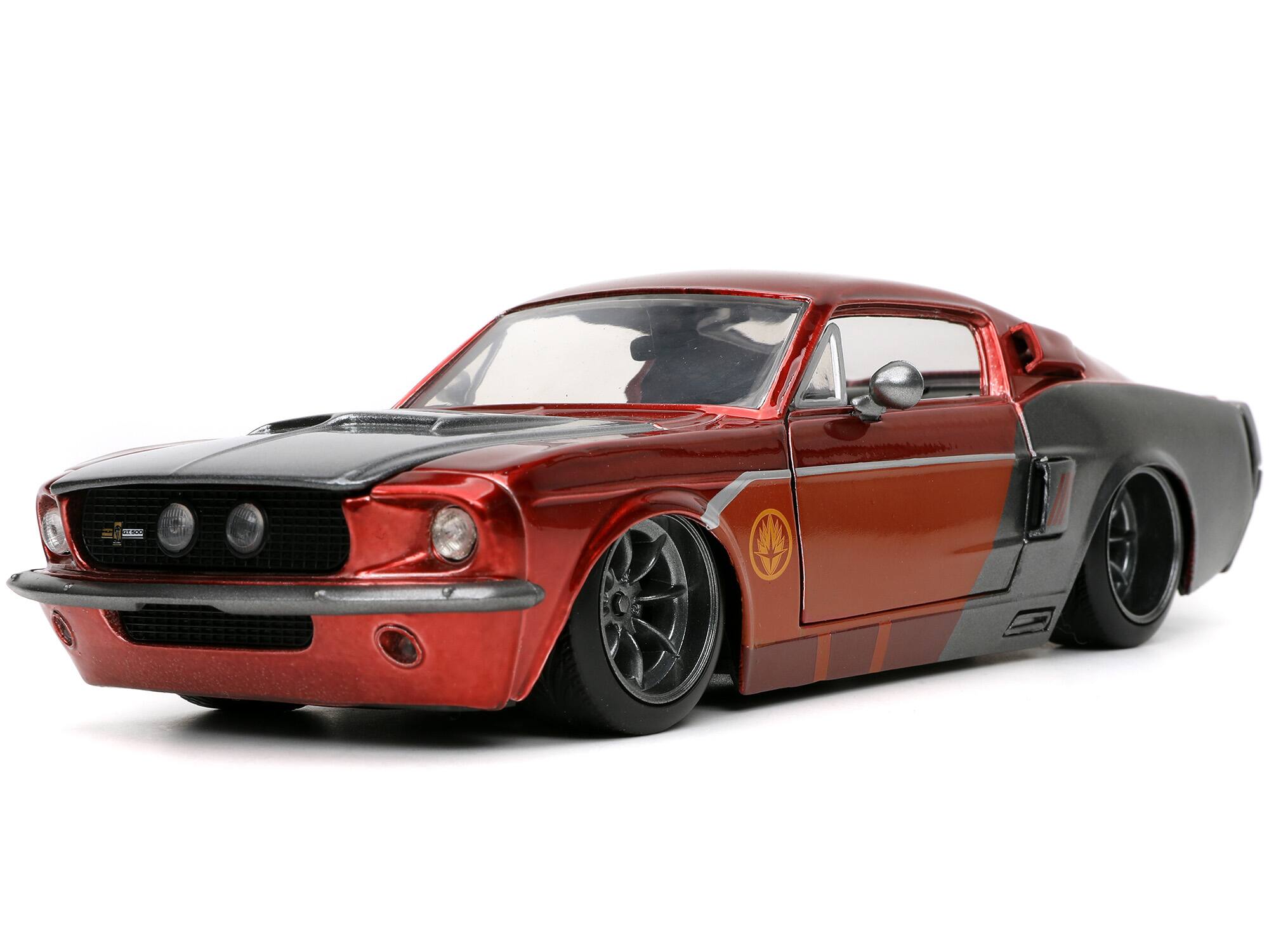 Alt View 1. Jada - 1967 Ford Mustang Shelby GT-500 Red & Gray & Star-Lord Figurine "Guardians of the Galaxy" 1/24 Model Car by Jada.