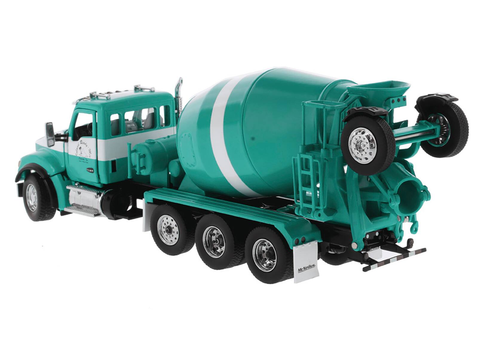 Left. Diecast Masters - Kenworth T880S SFFA Tandem Pusher Tag Axle Bridgemaster McNeilus Mixer Island Ready Mix Green White 1/50 Diecast Ltd 500 - Green and White.