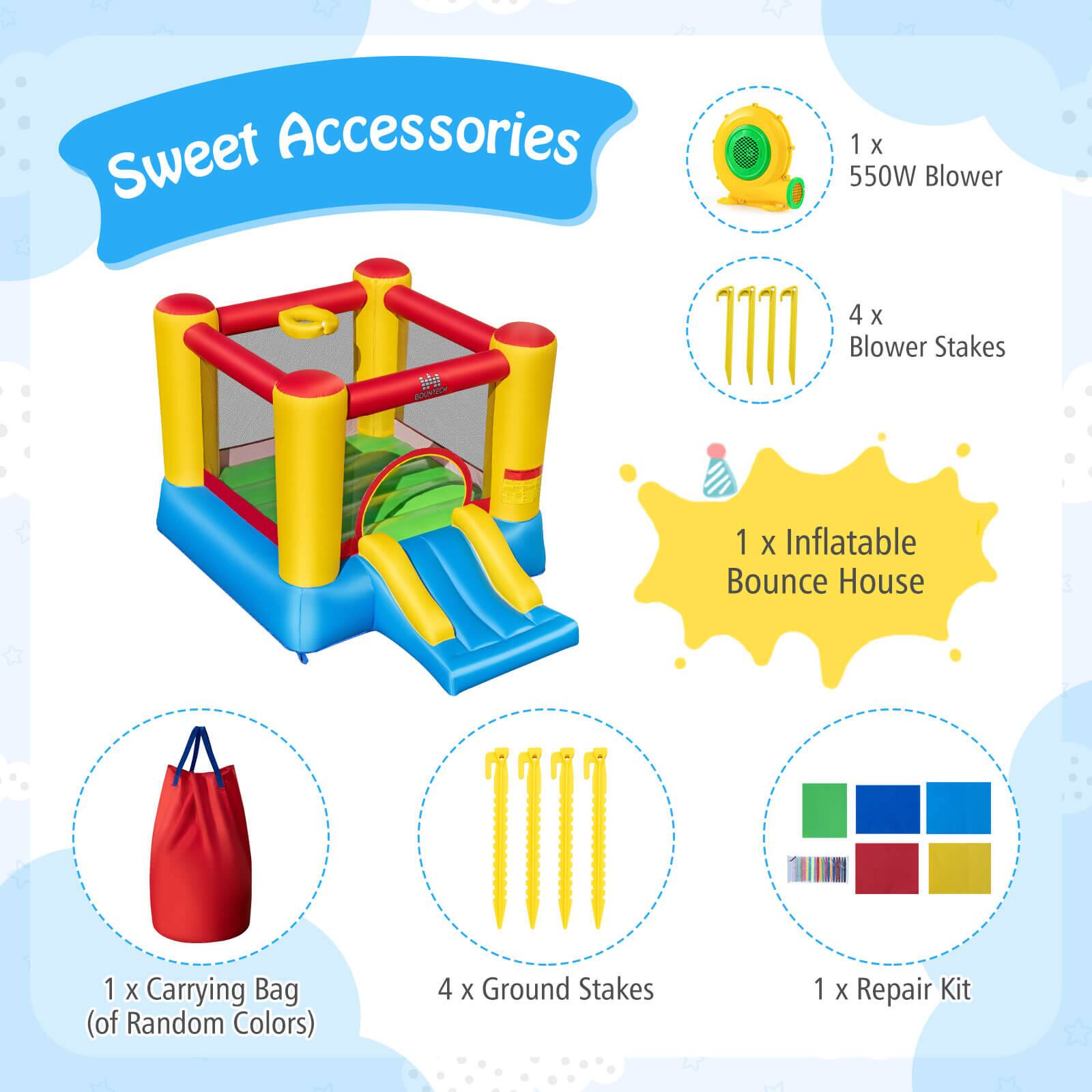 Sweet Accessories  
1 X 550W Blower  
4 X Blower Stakes  
1 X Inflatable Bounce House  
1 X Carrying Bag (of Random Colors)  
4 X Ground Stakes  
1 X Repair Kit