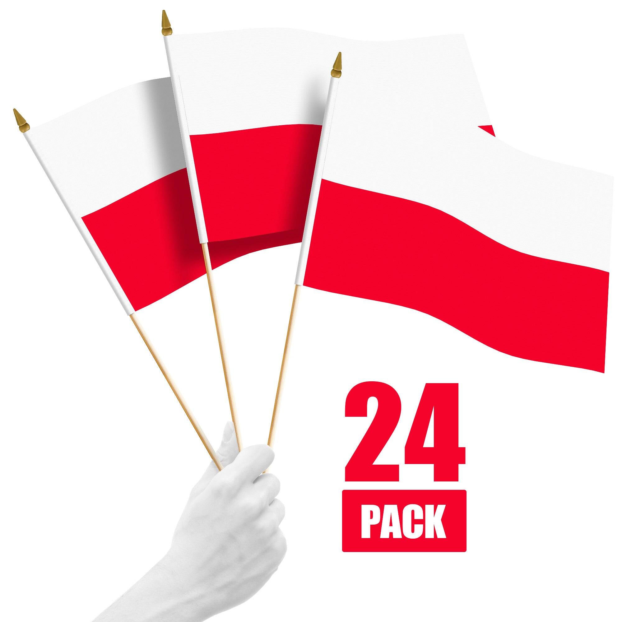 Front. G128 - 24-Pack Handheld Poland Stick Flags, 12" x 18", 150D Polyester with Wooden Pole and Gold Spear Tip. - Assorted Colors.