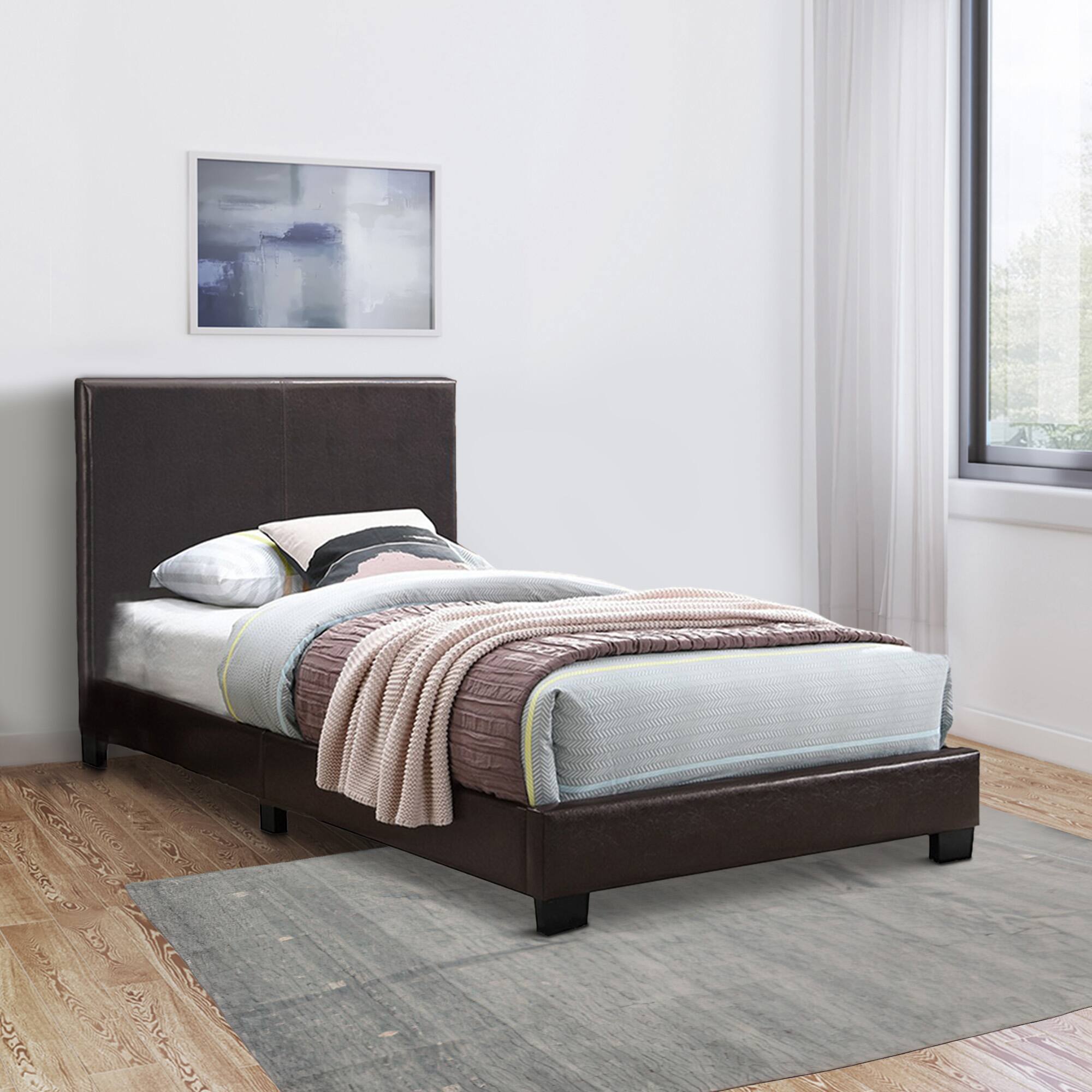 Alt View 5. Manhattan Lane - Transitional Style Leatherette Twin Bed with Padded Headboard - Brown.