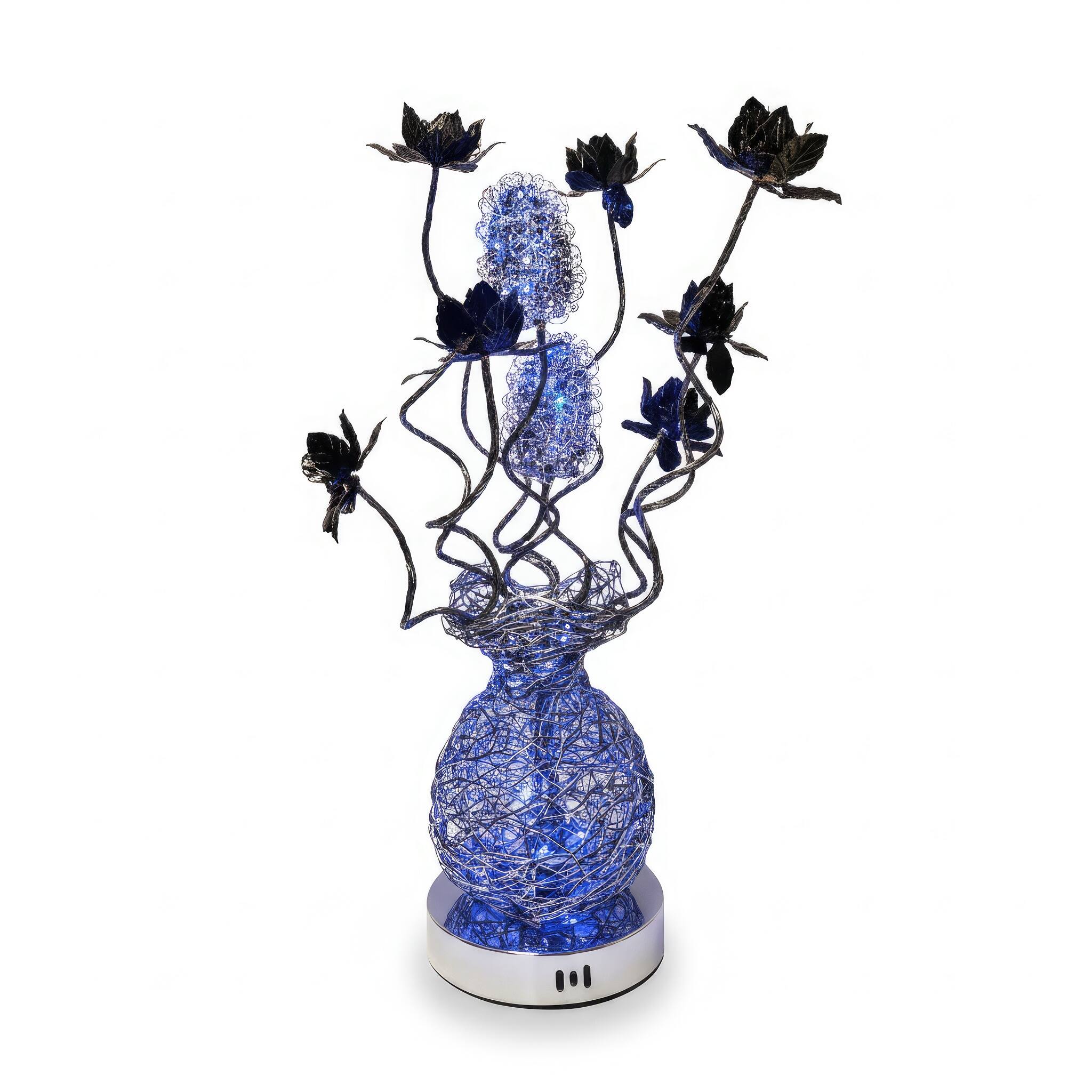 Angle. FC Design - 24"H Black Vase w/ Black Floral Stem Blue Changing Light Table Lamp.