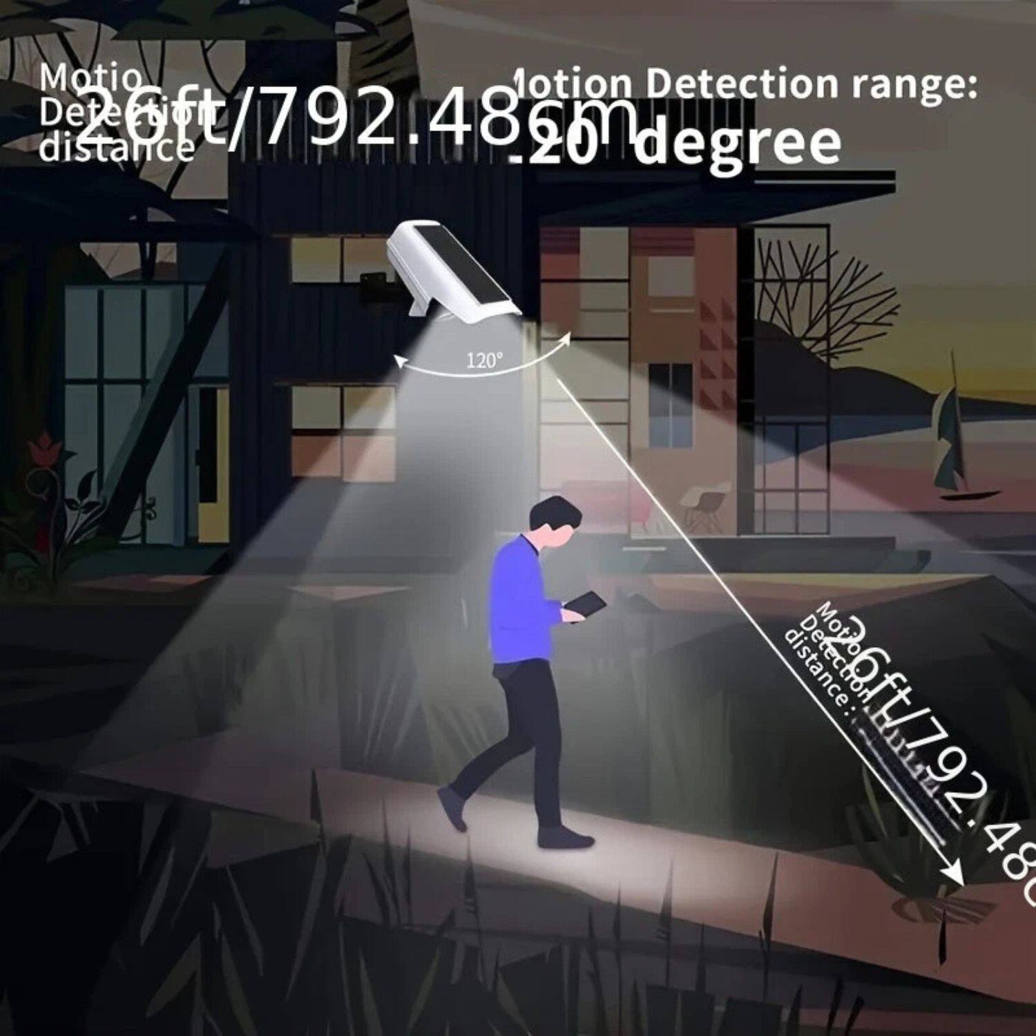 Motion Detection range:  
Detection distance: 6ft/792.48m  
120° degree  

Motion Detection range:  
Detection distance: 6ft/792.48m  
260° degree