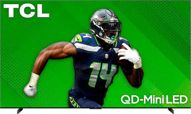 TCL is the brand of the television, and it features a football player from the Seattle Seahawks. The television is a D-Mini LED model, and it is advertising the NFL.