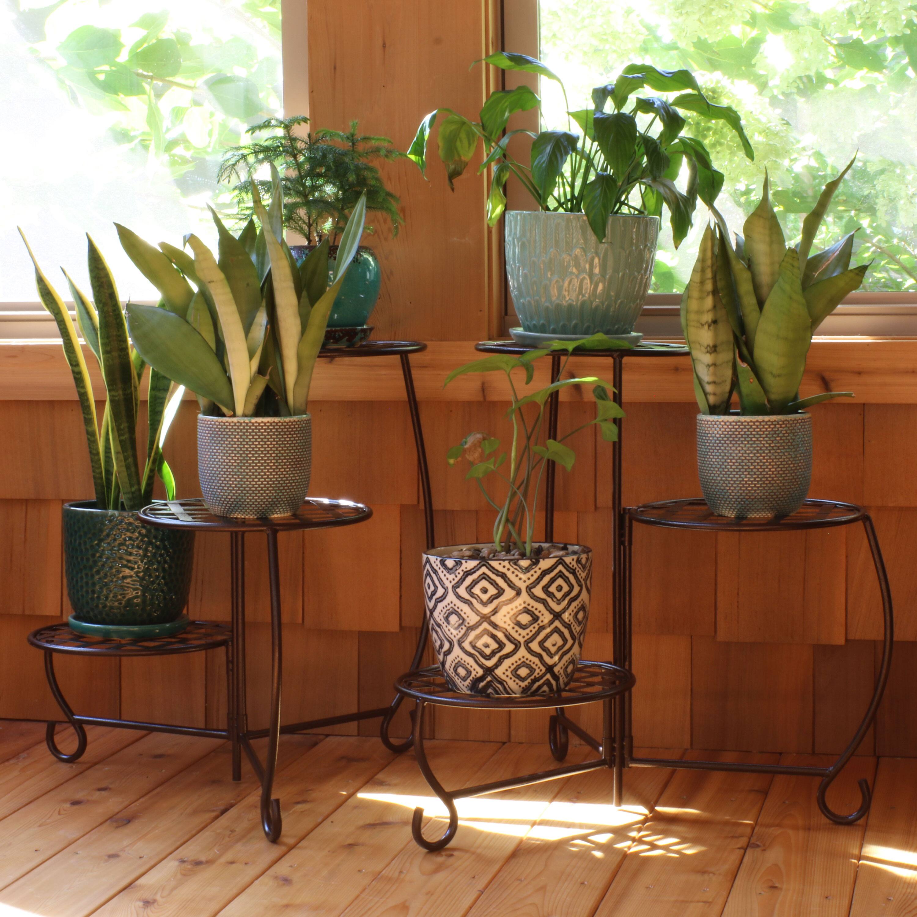 Alt View 5. Sunnydaze - 3-Tier Triple Plant Stand with Checkered Base - 24 in - Set of 2 - Bronze.