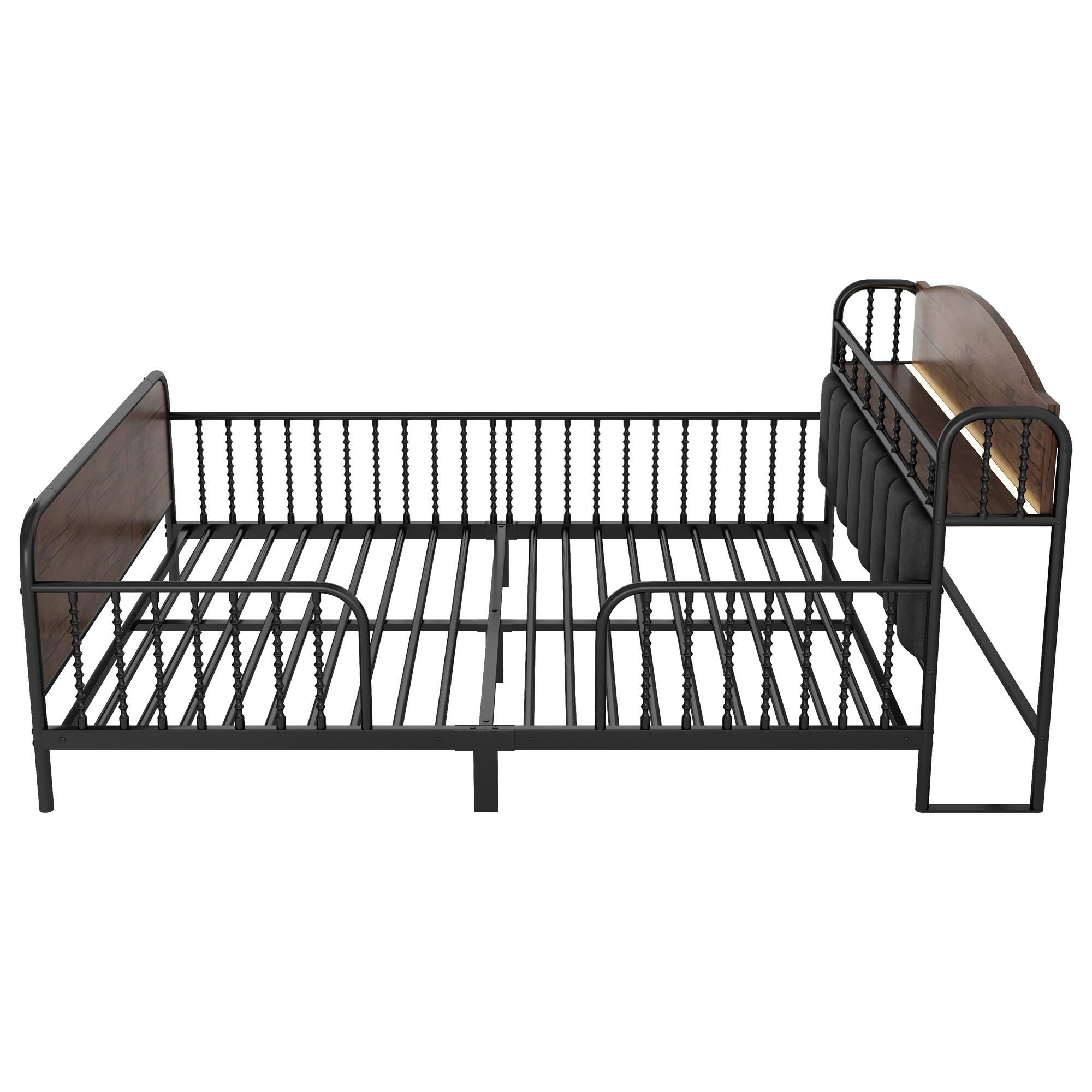 Alt View 1. LUCKY ONE - Full Size Kids Metal Platform Bed Frame with Light and Storage Headboard - Black.