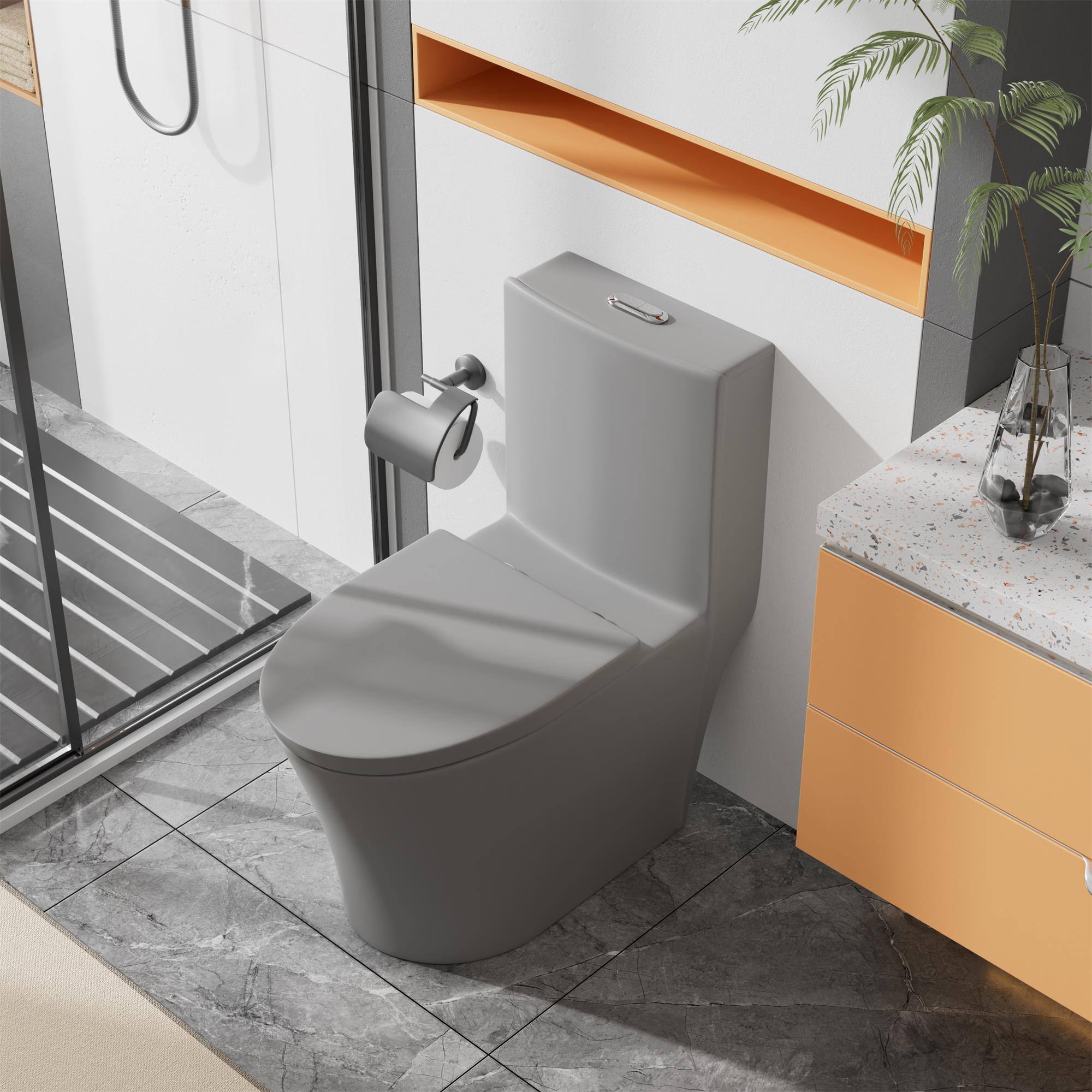 Alt View 1. Boyel Living - Matte Grey Elongated One Piece Toilet Dual Flush 1116 GPF Map 1000g Comfort Seat Height Sleek Skirted Design - Grey.