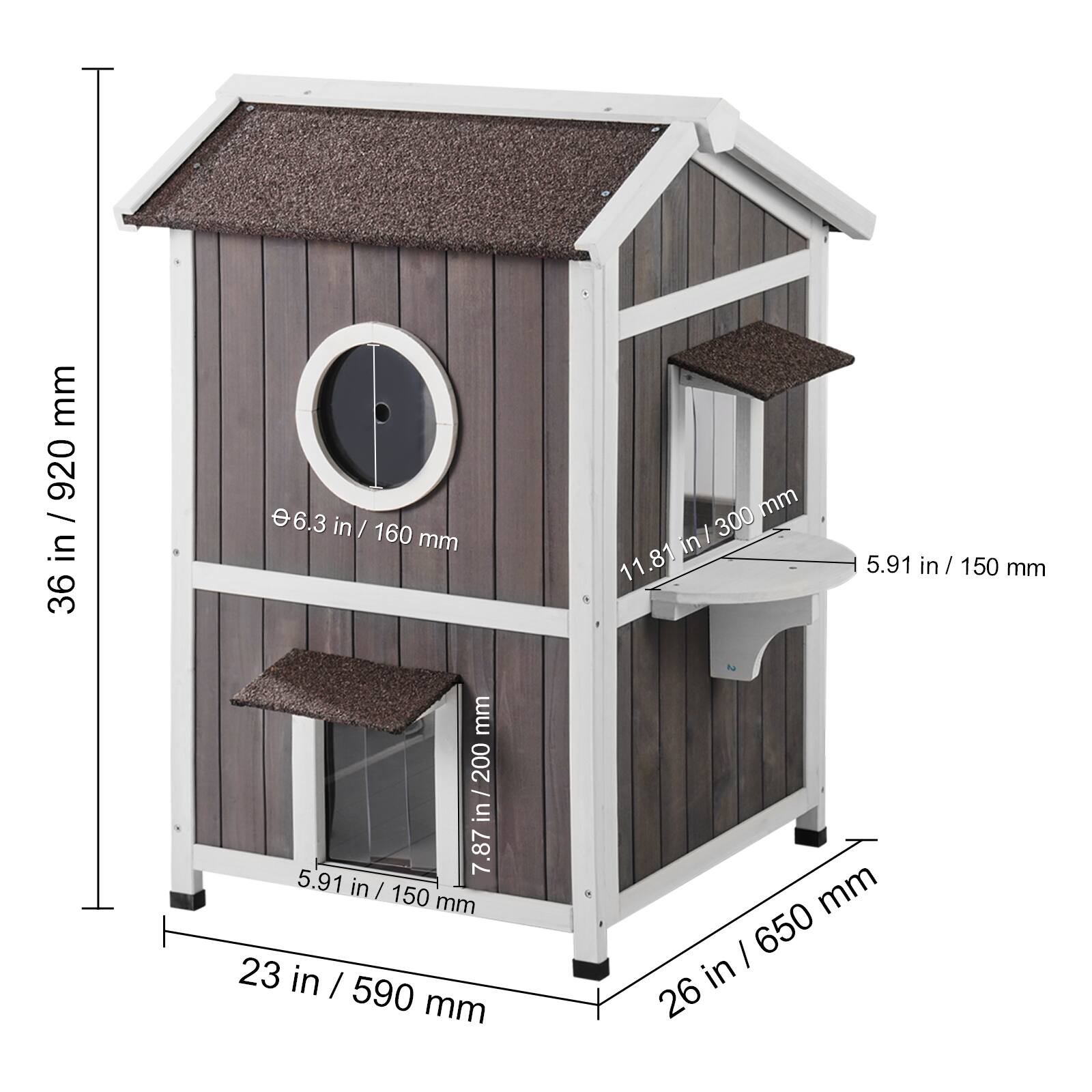 Here is the corrected and grouped text from the image:

- Height: 920 mm / 36.3 in
- Width: 300 mm
- Depth: 150 mm
- Diameter of circular opening: 160 mm / 6.3 in
- Width of the lower shelf: 200 mm / 7.87 in
- Width of the middle shelf: 150 mm / 5.91 in
- Width of the top shelf: 300 mm / 11.81 in
- Height of the lower shelf from the ground: 590 mm / 23 in
- Height of the middle shelf from the ground: 650 mm / 25.6 in
- Height of the top shelf from the ground: 920 mm / 36.3 in
- Depth of the lower shelf: 150 mm / 5.91 in
- Depth of the middle shelf: 150 mm / 5.91 in
- Depth of the top shelf: 150 mm / 5.91 in
- Overall width: 590 mm / 23 in
- Overall depth: 650 mm / 25.6 in
- Overall height: 920 mm / 36.3 in