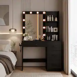 WELLFOR - Makeup Vanity with 3 Color Lighted Mirror & Charging Station, Modern Vanity Desk with 4 Large Drawers - Black