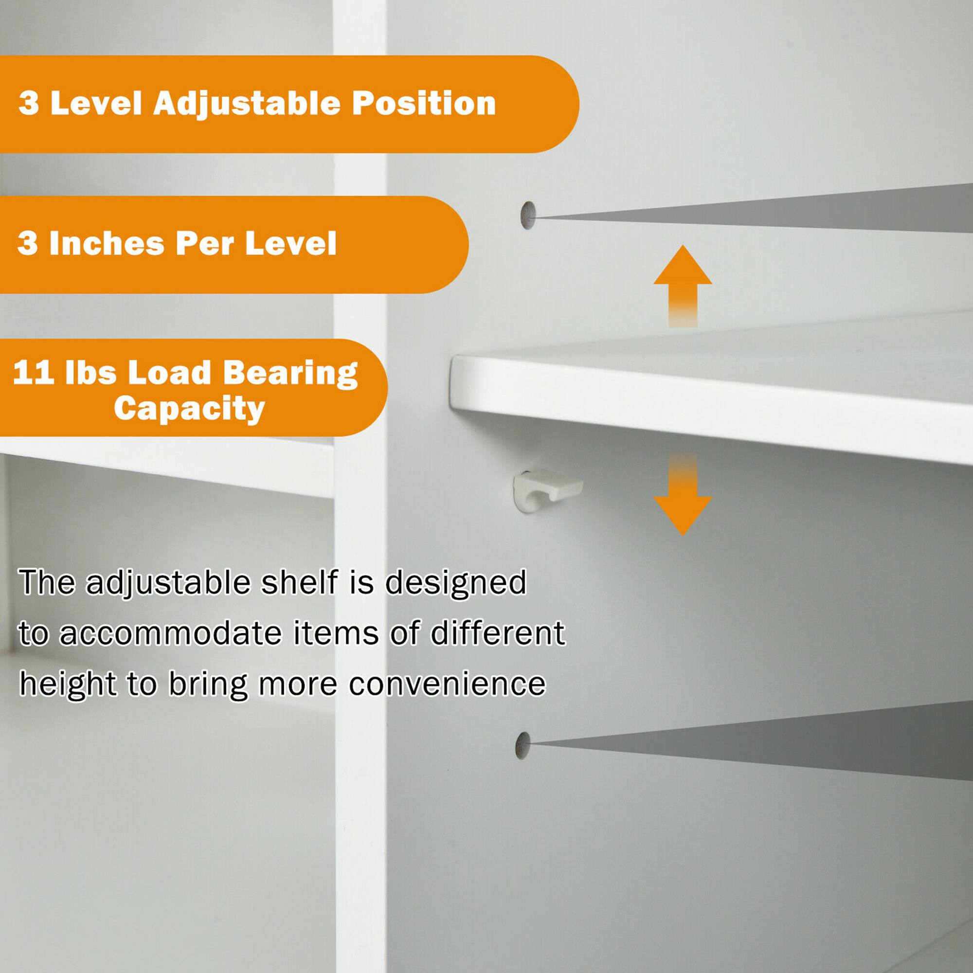 The image shows a shelf with three levels, each adjustable to accommodate items of different heights. The shelf has a load-bearing capacity of 11 lbs per level. The adjustable position allows for a total of 3 inches of adjustment per level, providing more convenience for users.