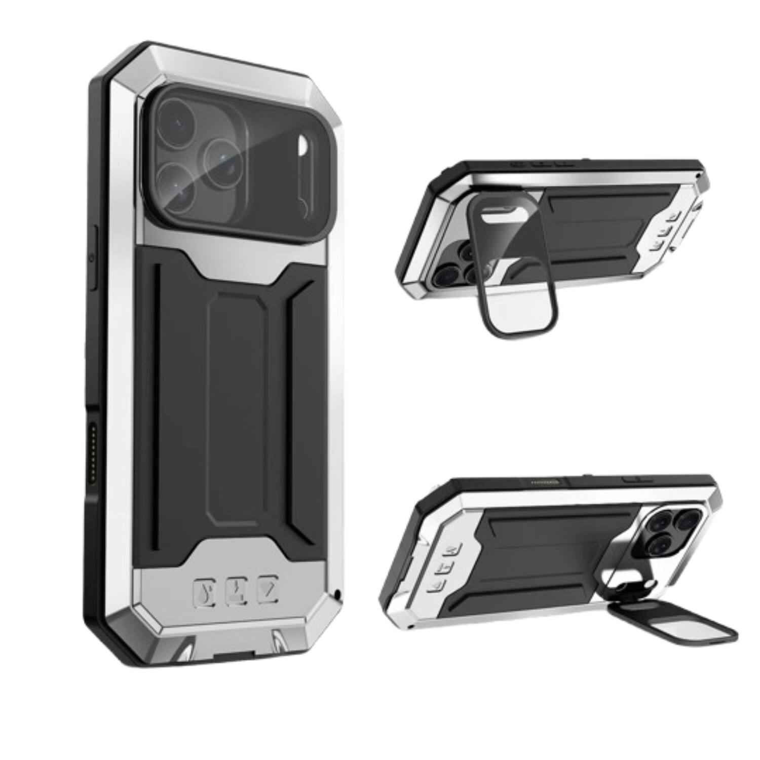 Stock Preferred - For iPhone 17 Pro Max Heavy Duty Metal Case with Built-In Stash Kickstand & Camera Control Button - Silver