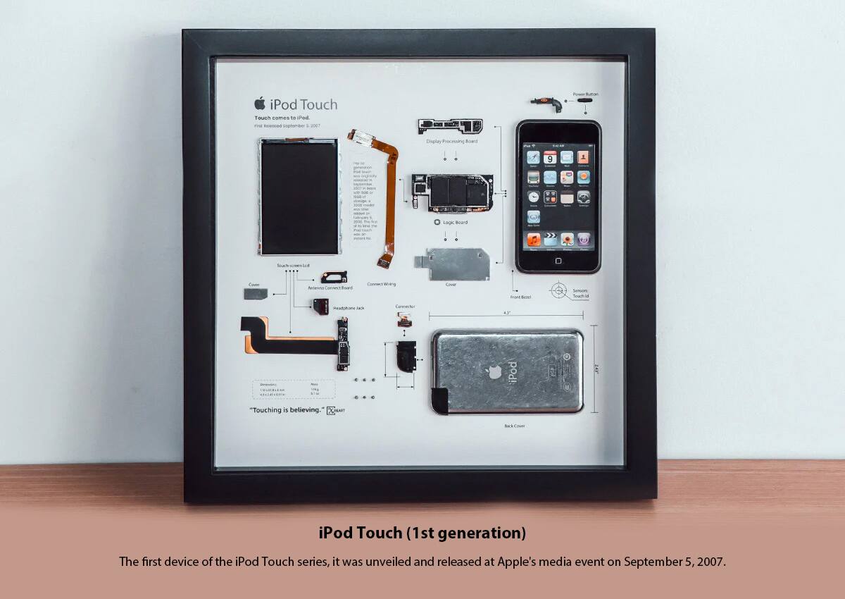 iPod Touch  
Touch comes to iPod.  
September 5, 2007  

"Touching is believing."  

iPod Touch (1st generation)  
The first device of the iPod Touch series, it was unveiled and released at Apple's media event on September 5, 2007.  

- Display Processing Board  
- Logic Board  
- Antenna Connect Board  
- Connect Wiring  
- Cover  
- Front Bezel  
- Sensor Touch id  
- Back Cover  
- Headphone Jack  
- Connector  

- Power Button  
- Volume Rotor  

- Touch screen LCD  
- Touch id  
- Front Bezel  
- Sensor Touch id  
- Back Cover  

- "Touching is believing."  

iPod Touch (1st generation)  
The first device of the iPod Touch series, it was unveiled and released at Apple's media event on September 5, 2007.