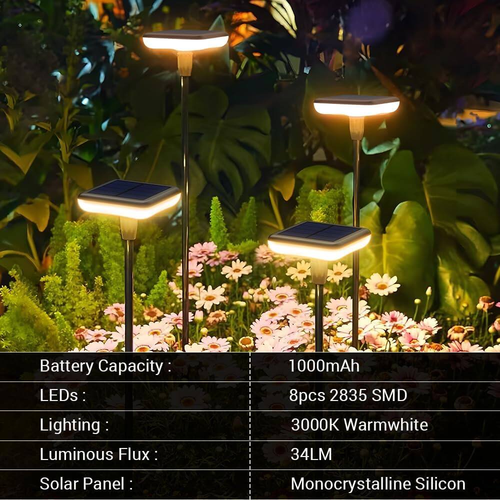 Battery Capacity: 1000mAh  
LEDs: 8pcs 2835 SMD  
Lighting: 3000K Warmwhite  
Luminous Flux: 34LM  
Solar Panel: Monocrystalline Silicon