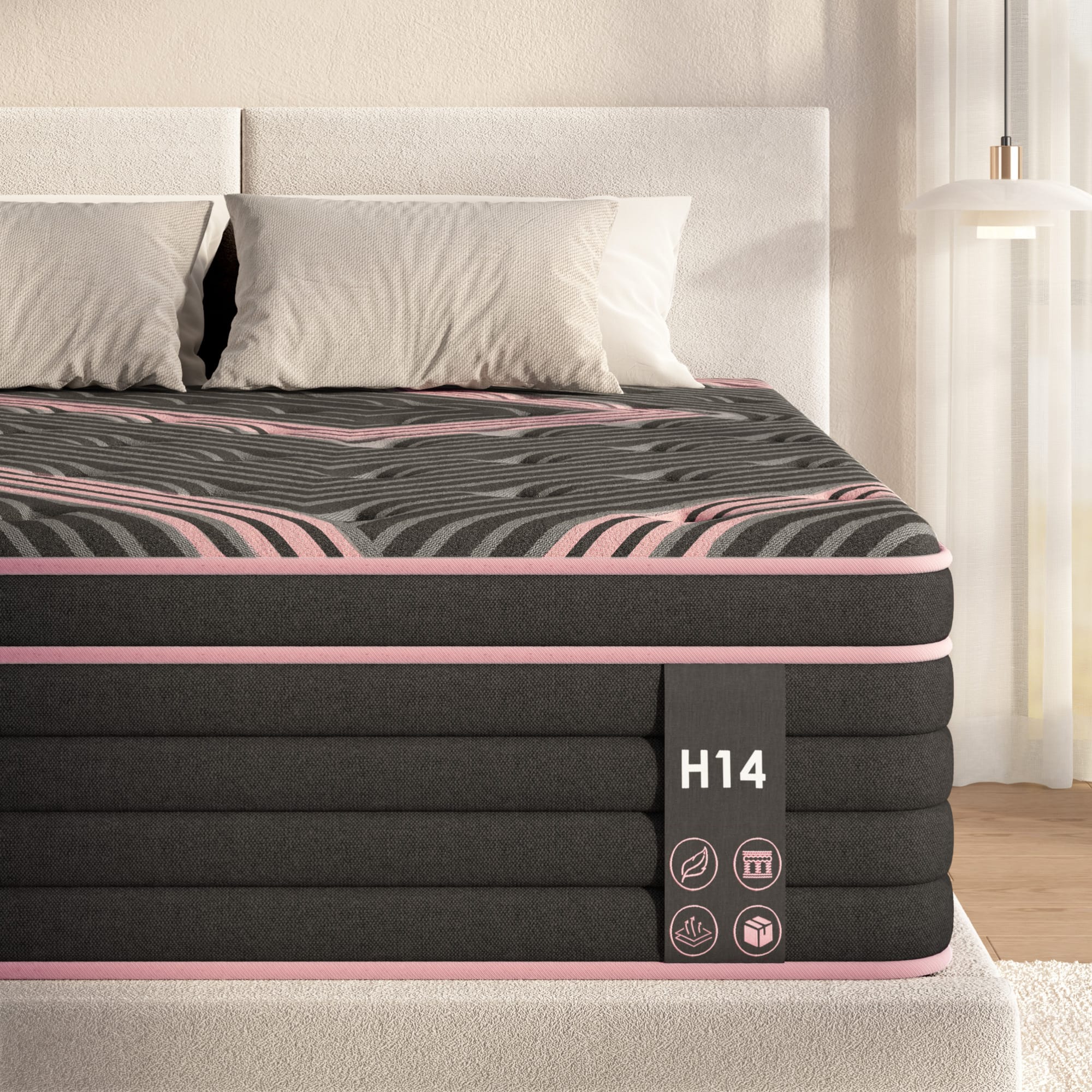 GOODSILO - King Size Hybrid Mattress with Pocket Springs and Memory Foam for Medium Firm Support - Pink+Black