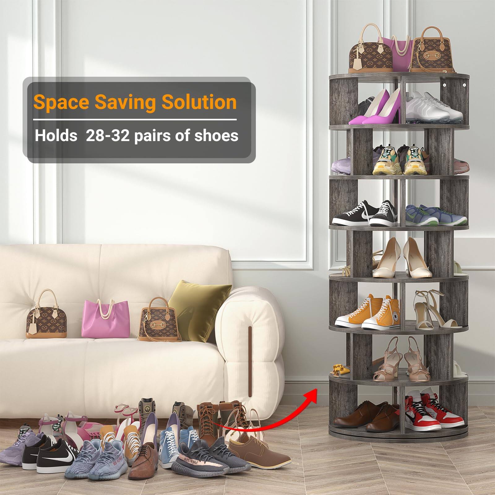 Aheaplus 7 Tier 360° Rotating Shoe Rack Tower Vertical MDF